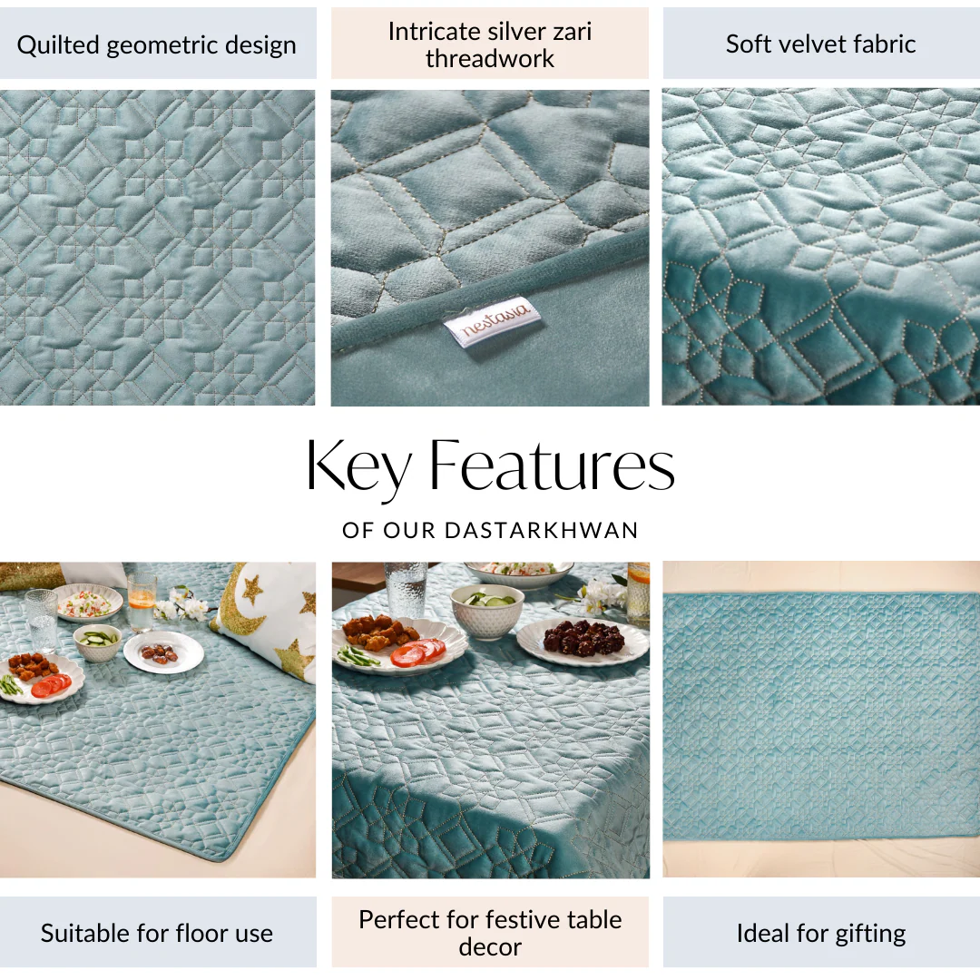 Quilted Aqua Blue Table Cover With Silver Threadwork - Image 4
