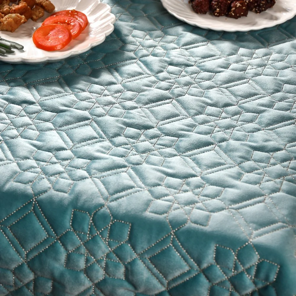 Quilted Aqua Blue Table Cover With Silver Threadwork - Image 6