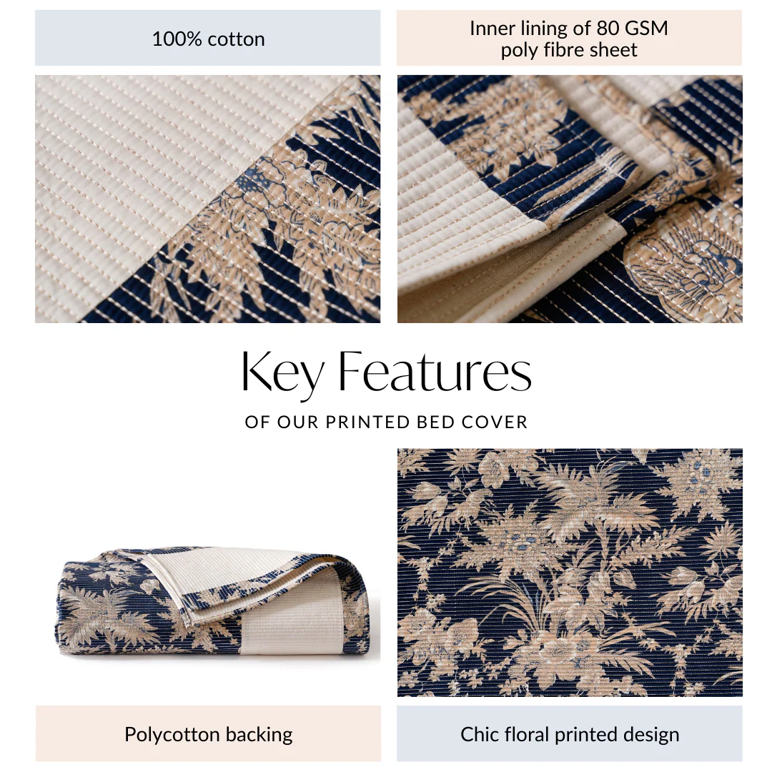 Quilted Cotton Printed King Size Bed Cover Navy 102x93 Inch - Image 6