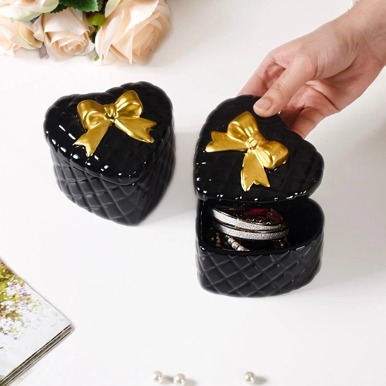 Quilted Heart Ceramic Storage Box With Bow Set Of 2 Black - Image 3