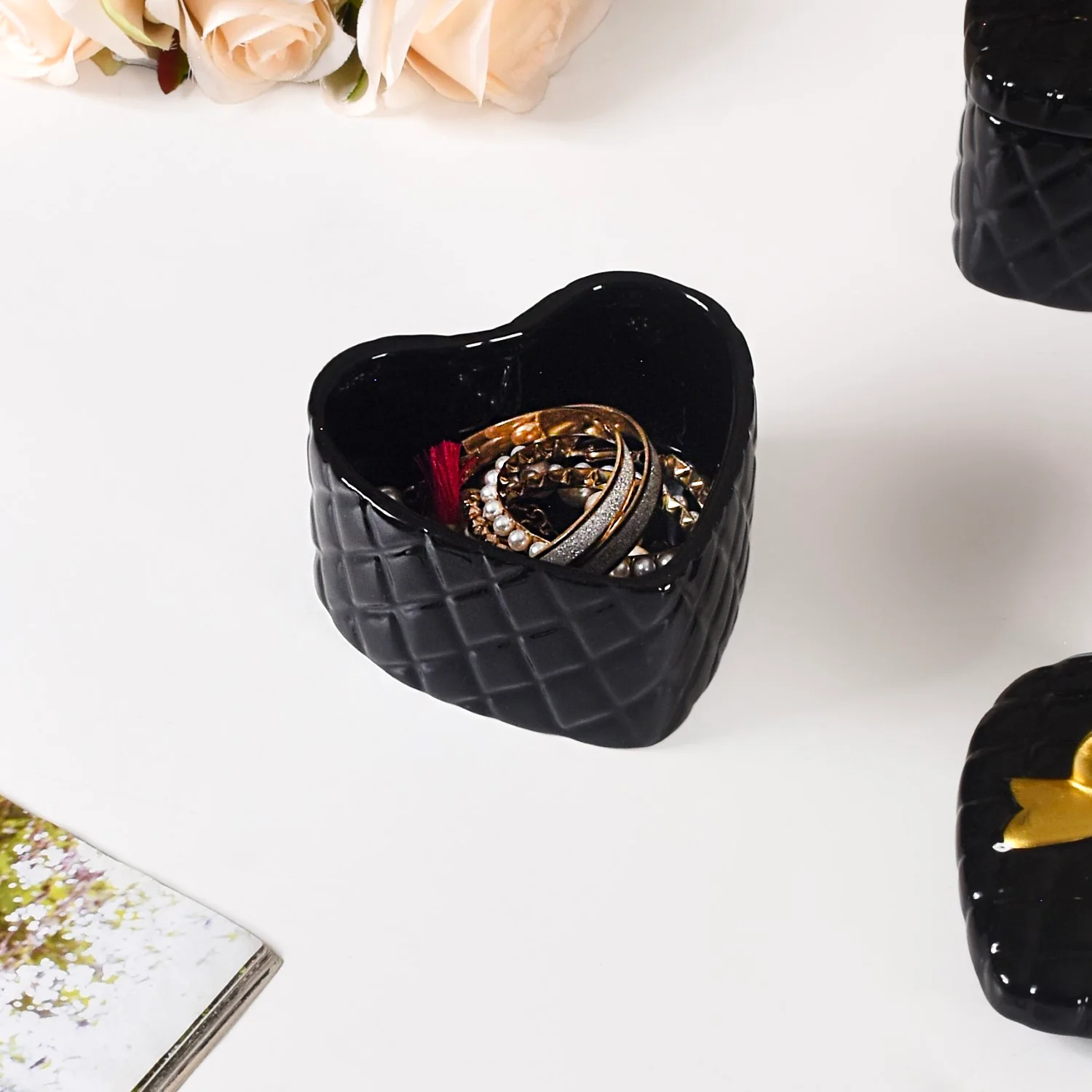 Quilted Heart Ceramic Storage Box With Bow Set Of 2 Black - Image 7