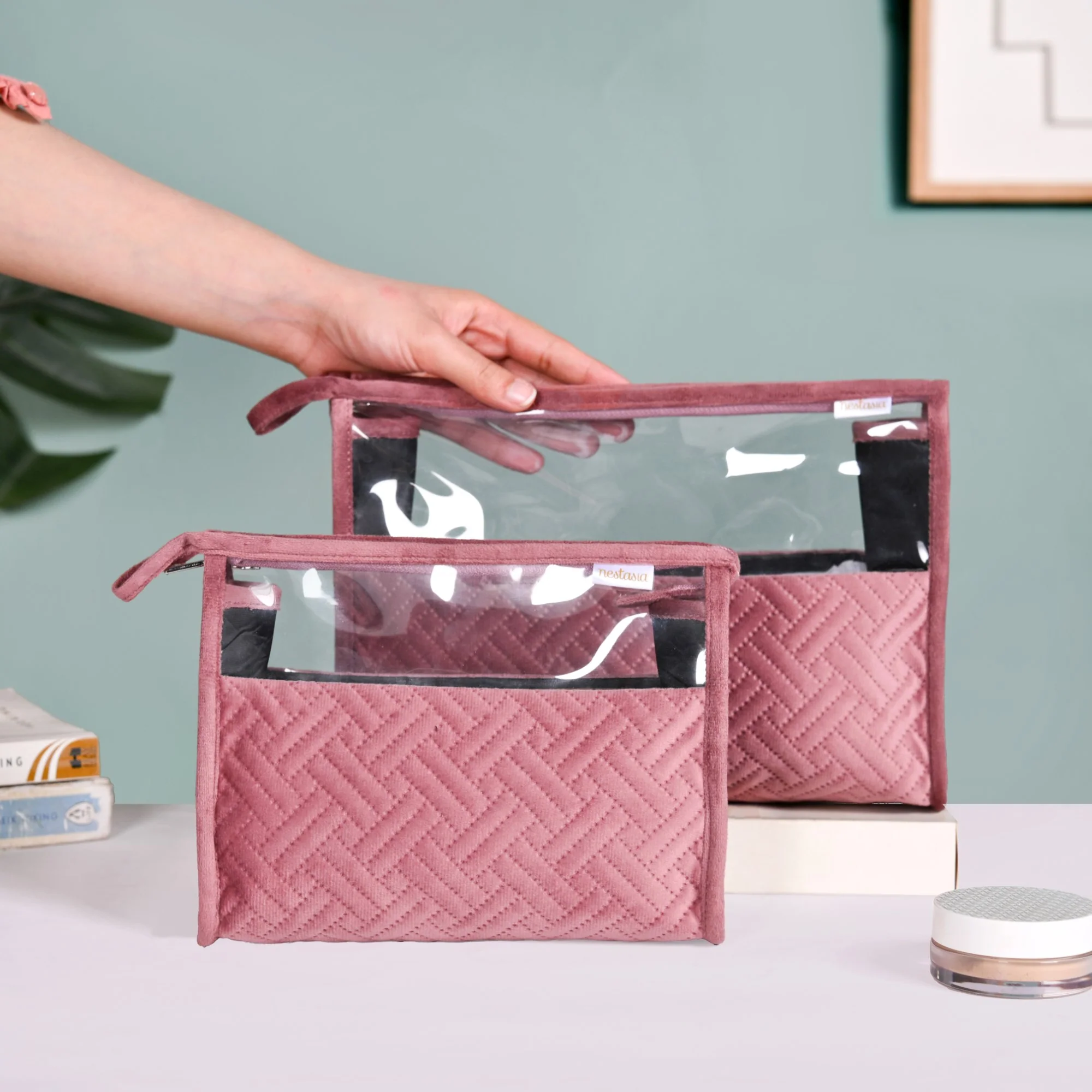 Quilted Travel Organisers Set Of 2 Old Rose Pink - Image 2