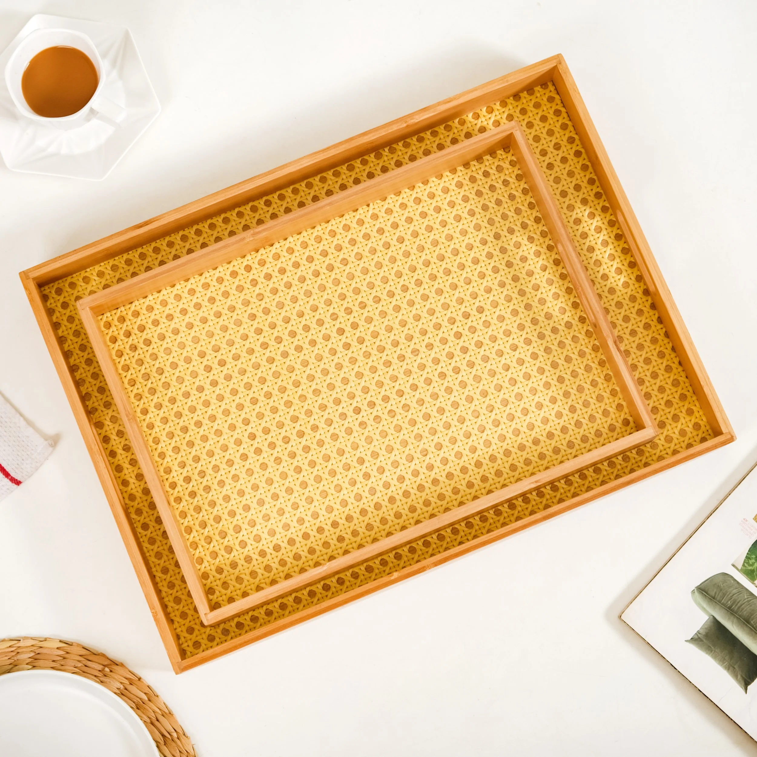 Rattan Weave Bamboo Serving Tray Set Of 2 - Image 3