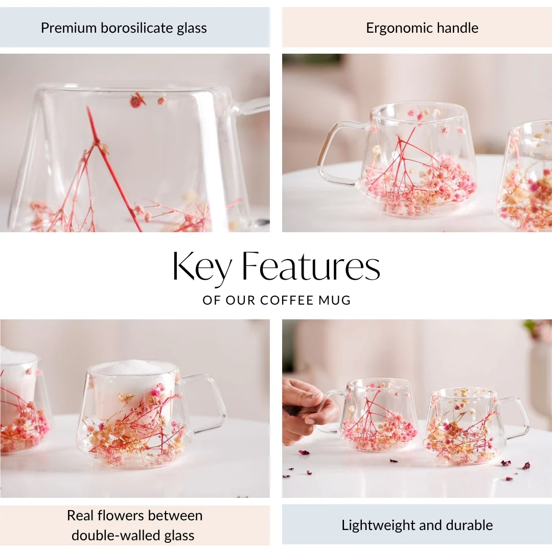 Real Flower Inside Double Wall Glass Cup Set Of 2 180ml - Image 5