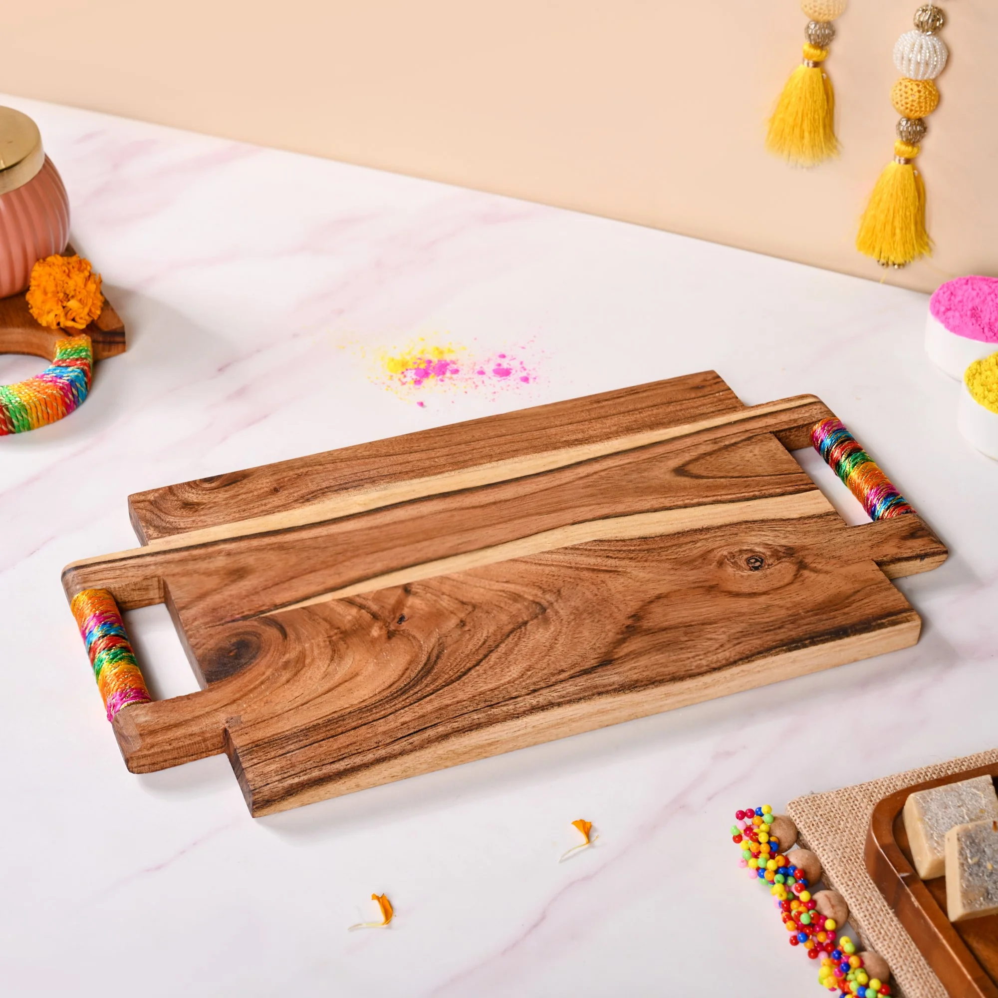 Rectangle Acacia Wood Serving Platter With Gold Zari Work - Image 3