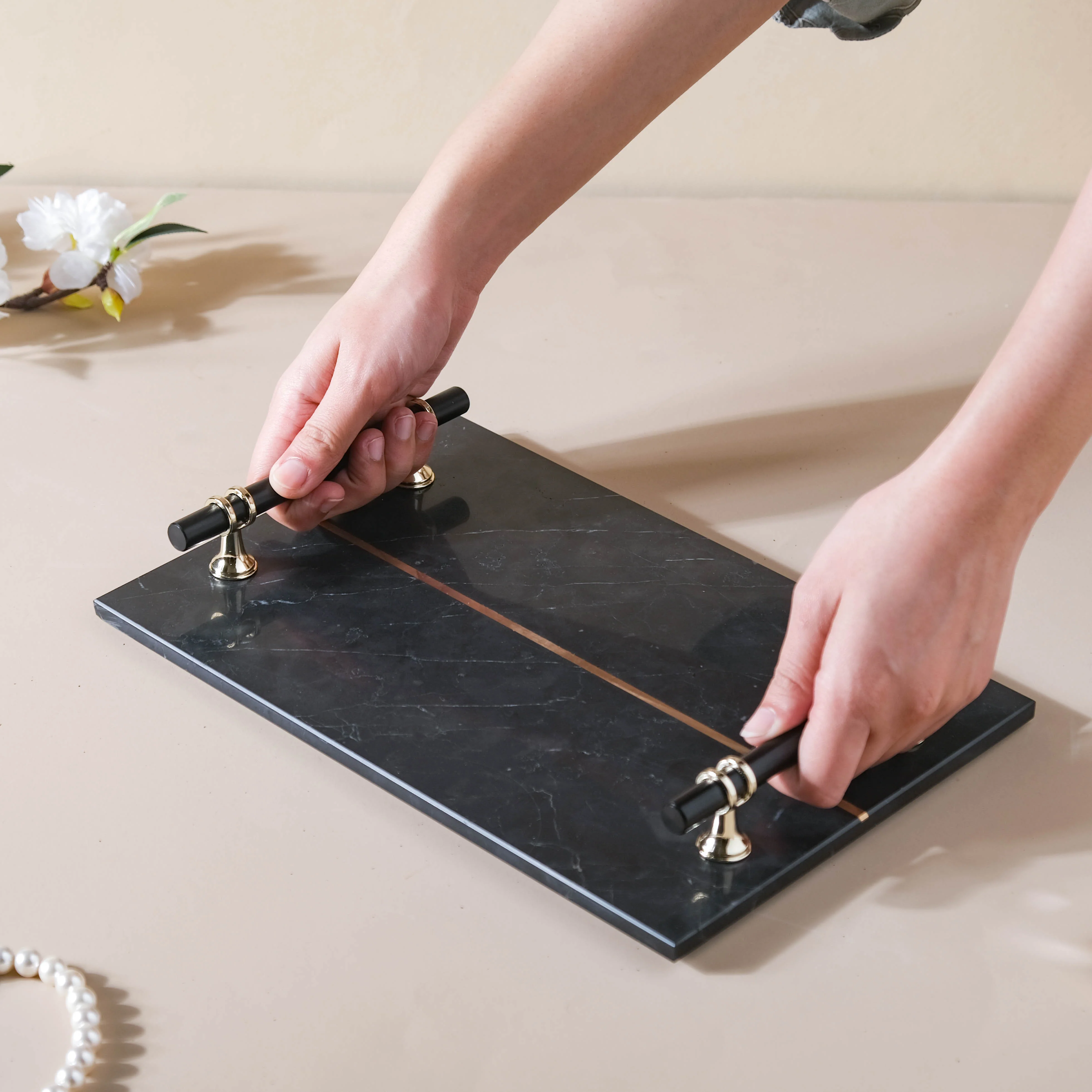 Rectangle Marble Tray With Metal Handle - Image 2