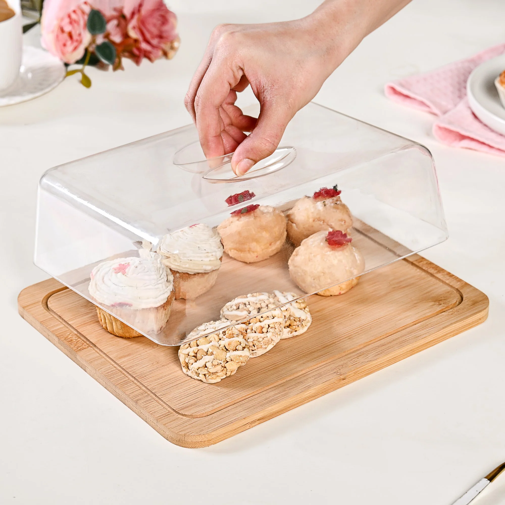 Rectangle Wooden Cake Stand With Cloche - Image 2