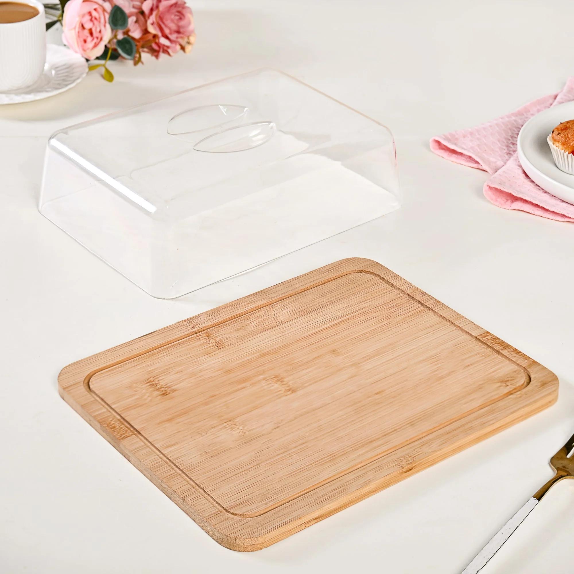Rectangle Wooden Cake Stand With Cloche - Image 8