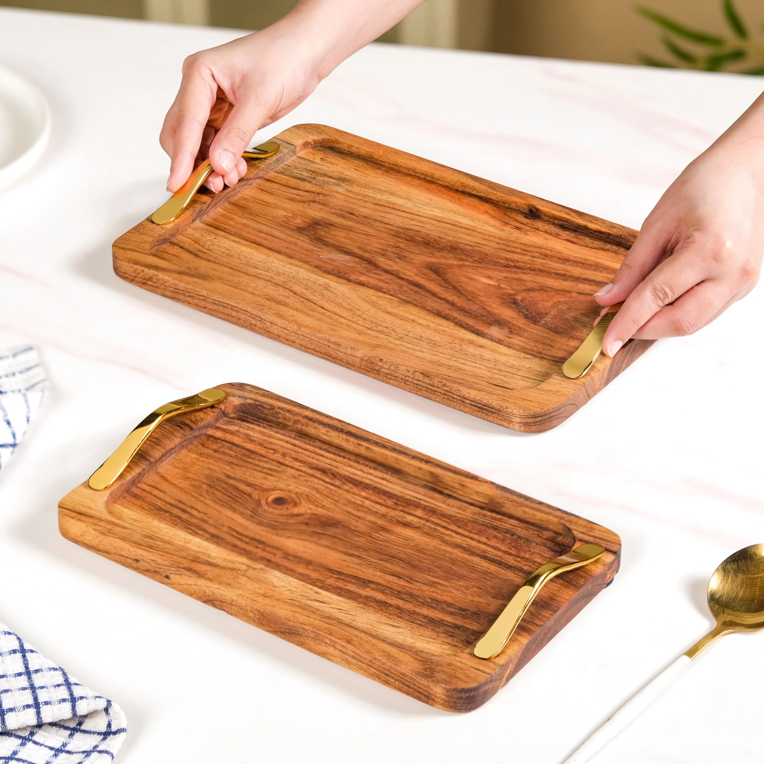Rectangle Wooden Serving Tray With Gold Handles Set Of 2 - Image 3