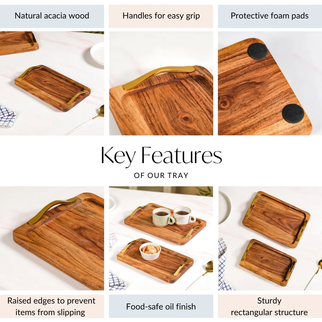 Rectangle Wooden Serving Tray With Gold Handles Set Of 2 - Image 6