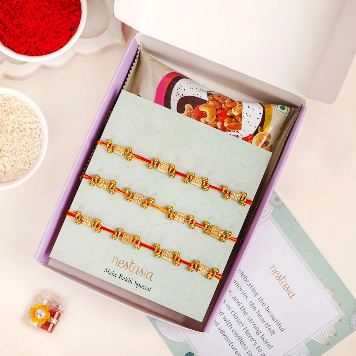 Red And Yellow Traditional Beaded Rakhi Gift Set Of 3 - Image 5