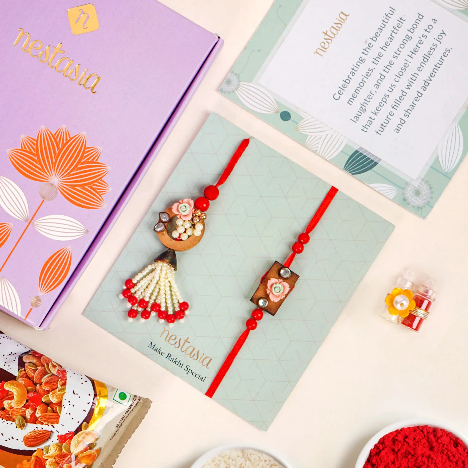 Red Beads Rustic Charm Rakhi Lumba Gift Set - Image 2