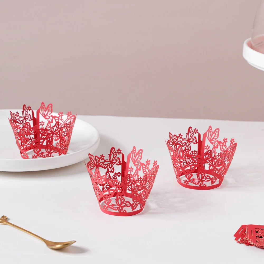 Red Butterfly Lace Cupcake Wrapper Set of 20 - Image 8