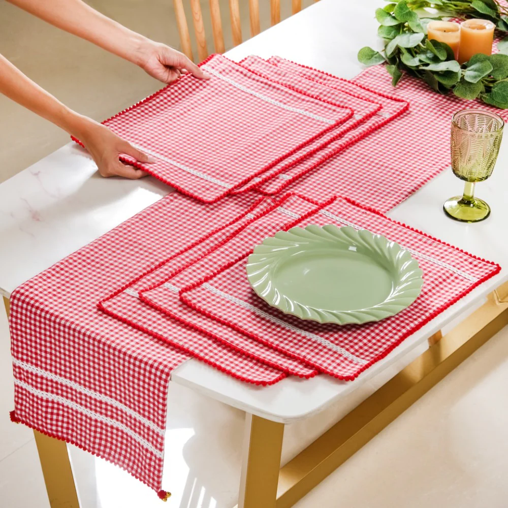 Red Checkered Cotton Table Runner With 6 Table Mats - Image 3