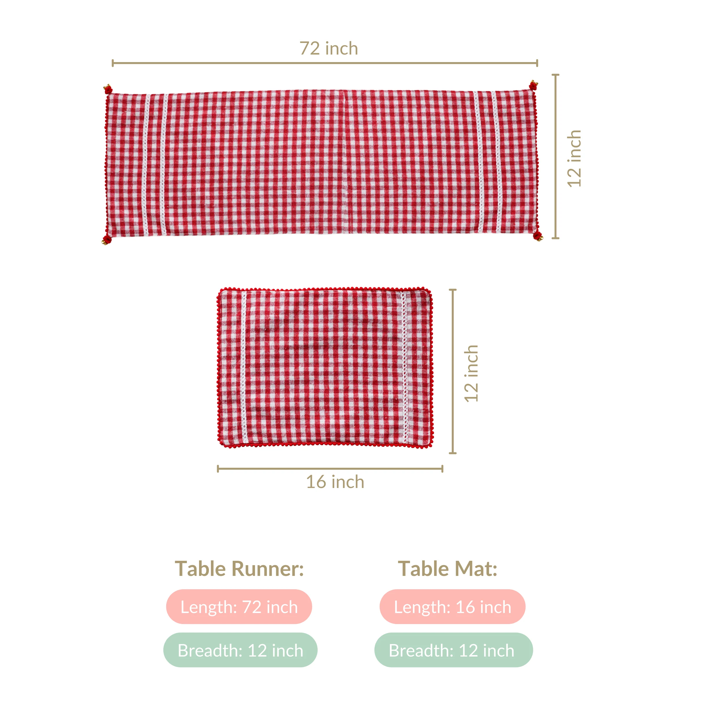 Red Checkered Cotton Table Runner With 6 Table Mats - Image 7