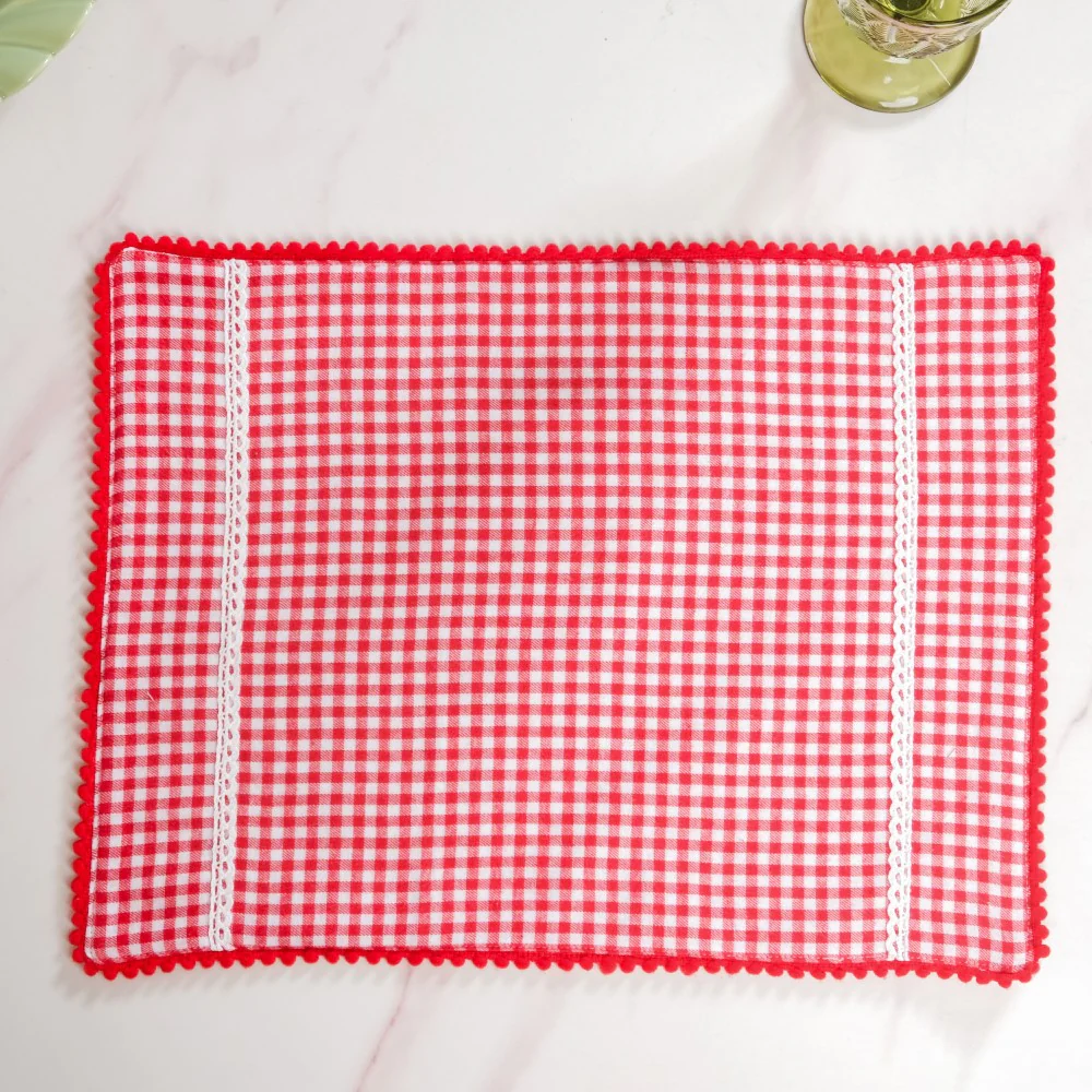 Red Checkered Cotton Table Runner With 6 Table Mats - Image 9