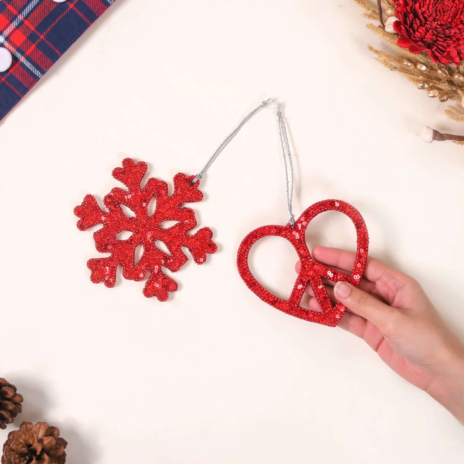 Red Christmas Snowflake Heart Ornaments Set of 2 - Image 3