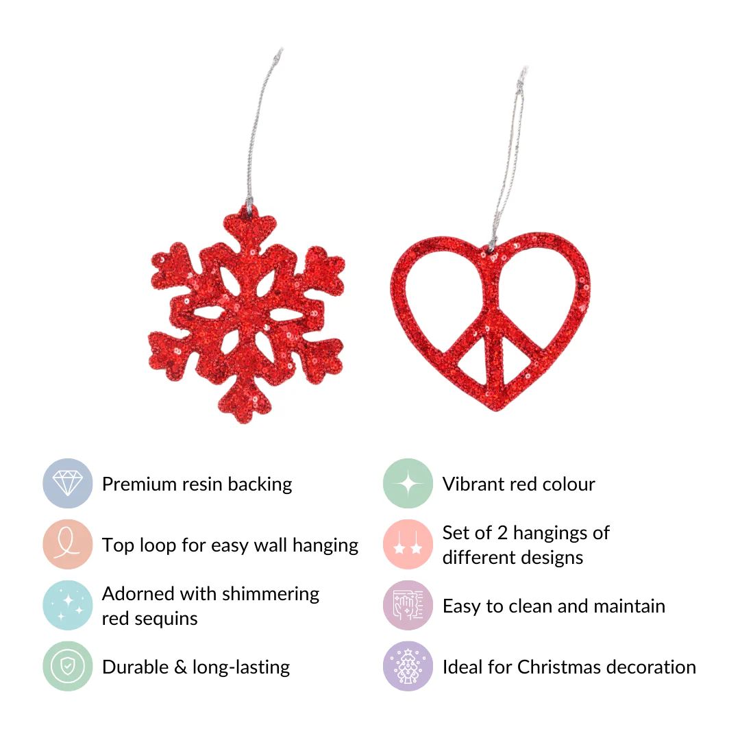 Red Christmas Snowflake Heart Ornaments Set of 2 - Image 5