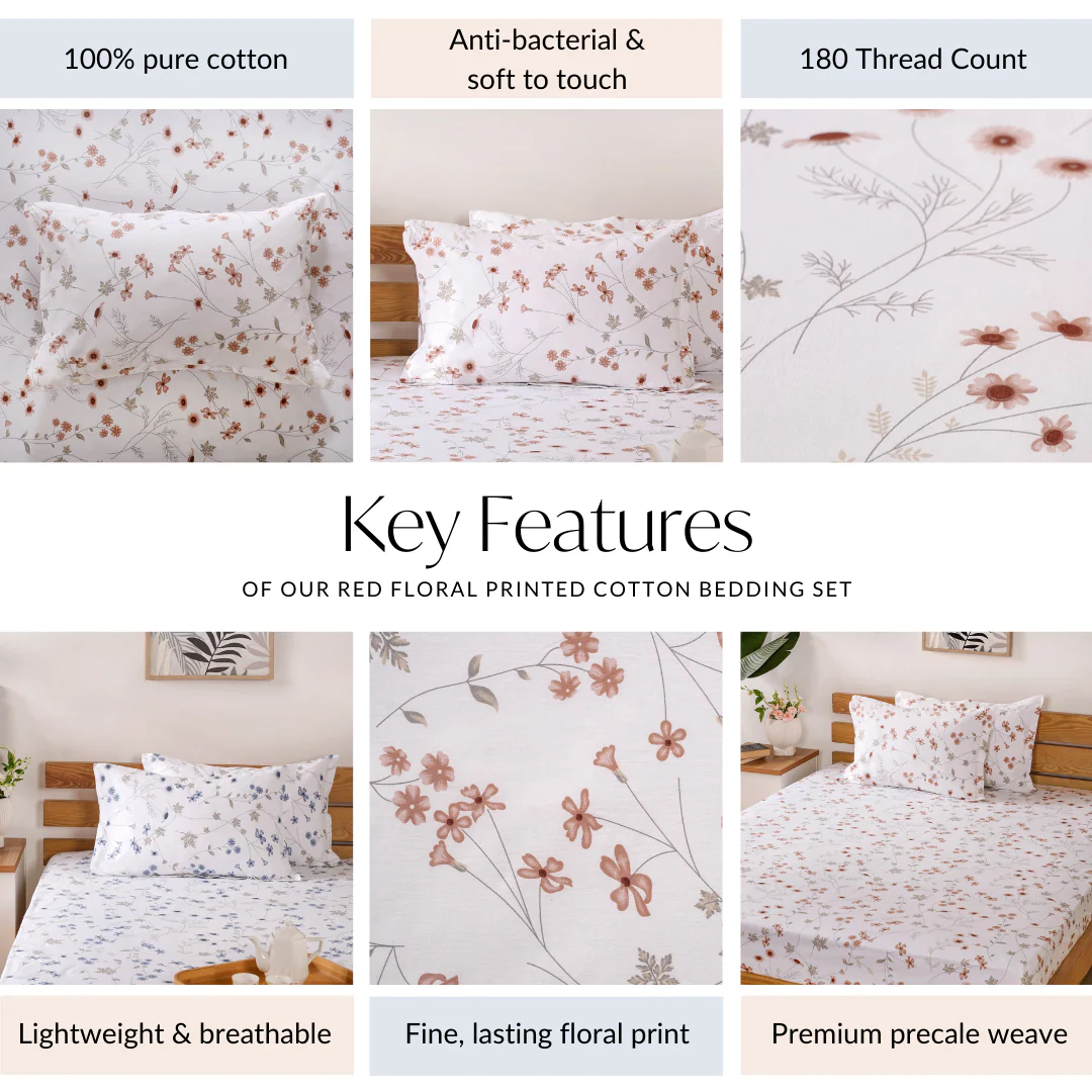Red Floral Printed Pure Cotton Bedding Set 180 Thread Count King Size 275x275 cm - Image 4