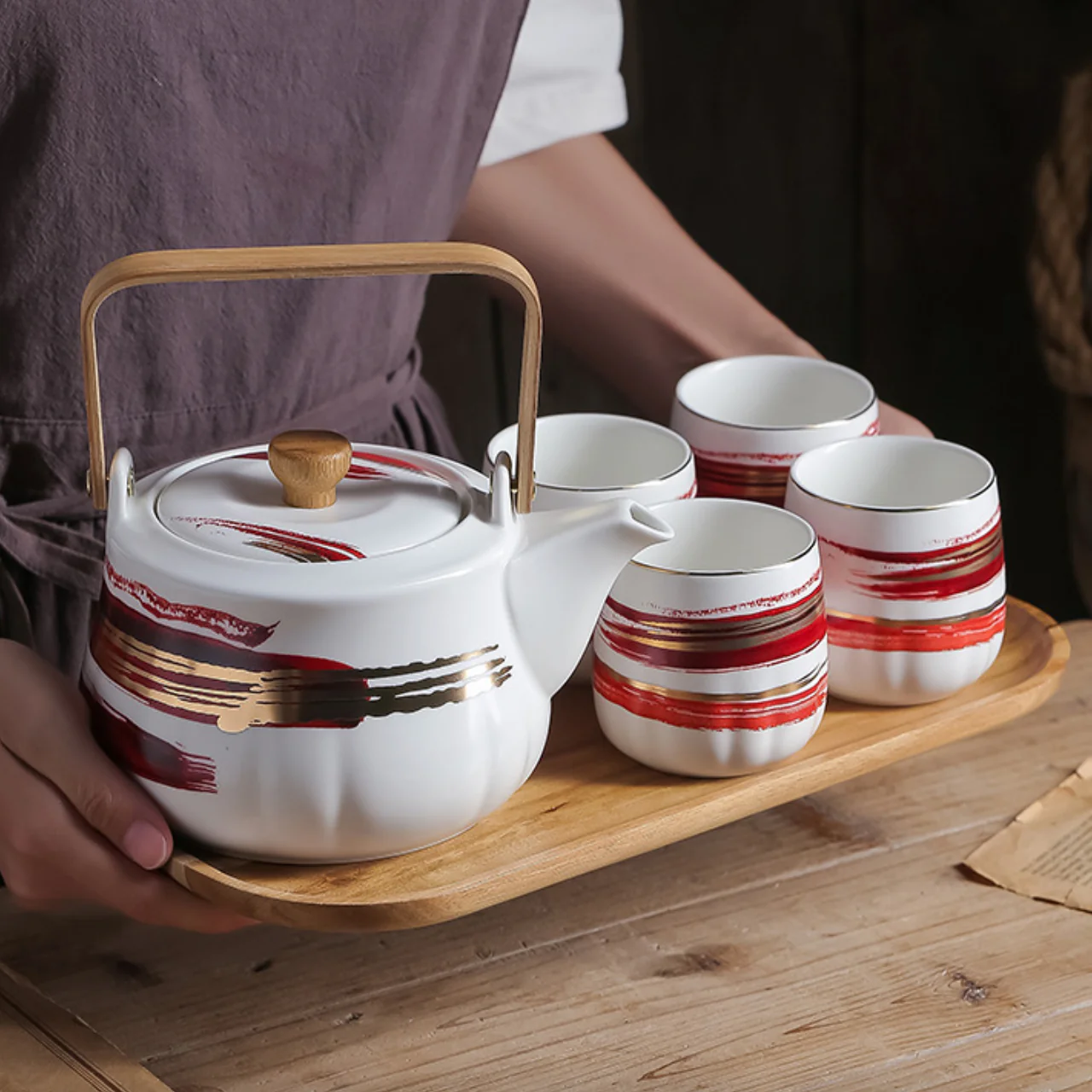 Red Porcelain Tea Pot Set - Image 2