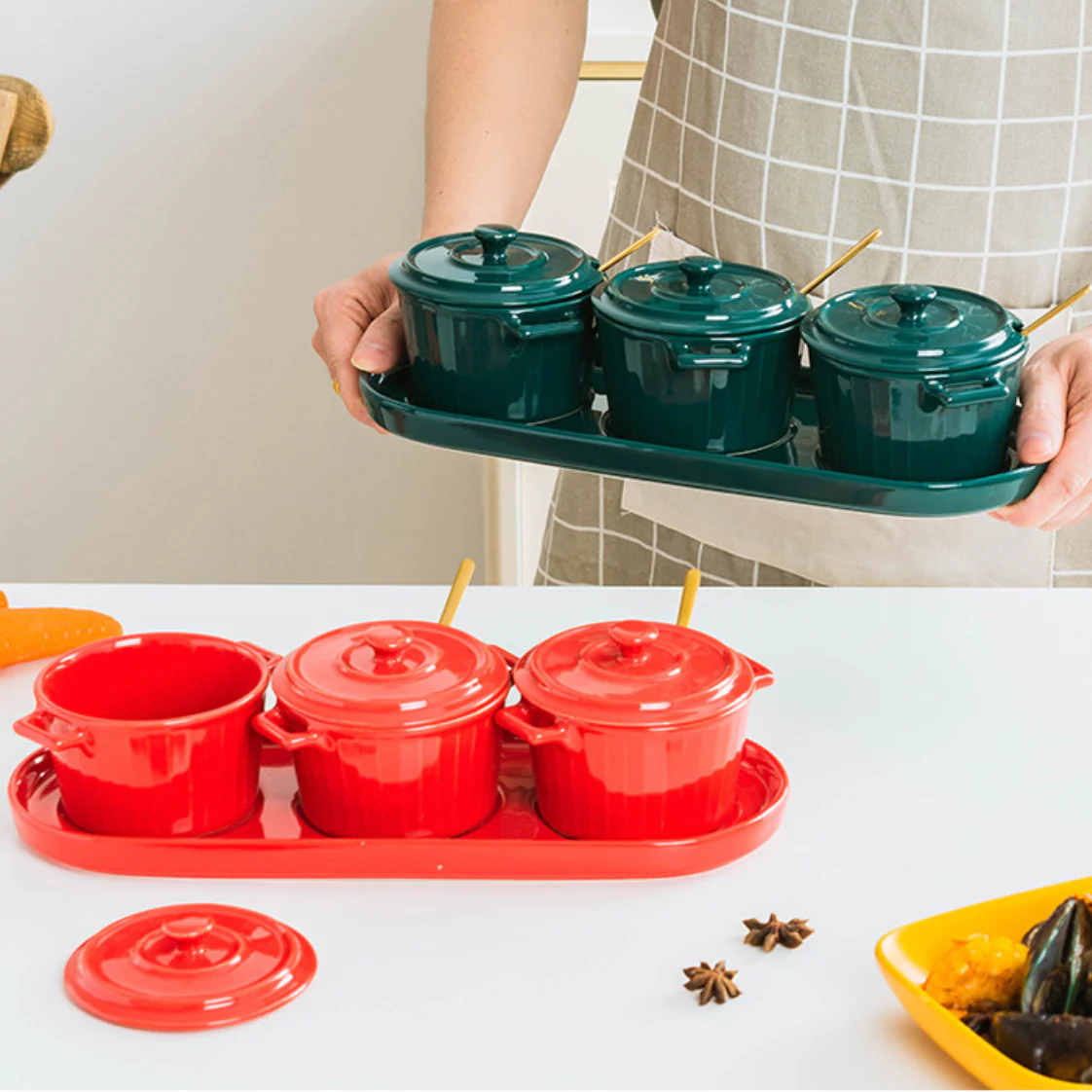Red Spice Jar Set With Tray