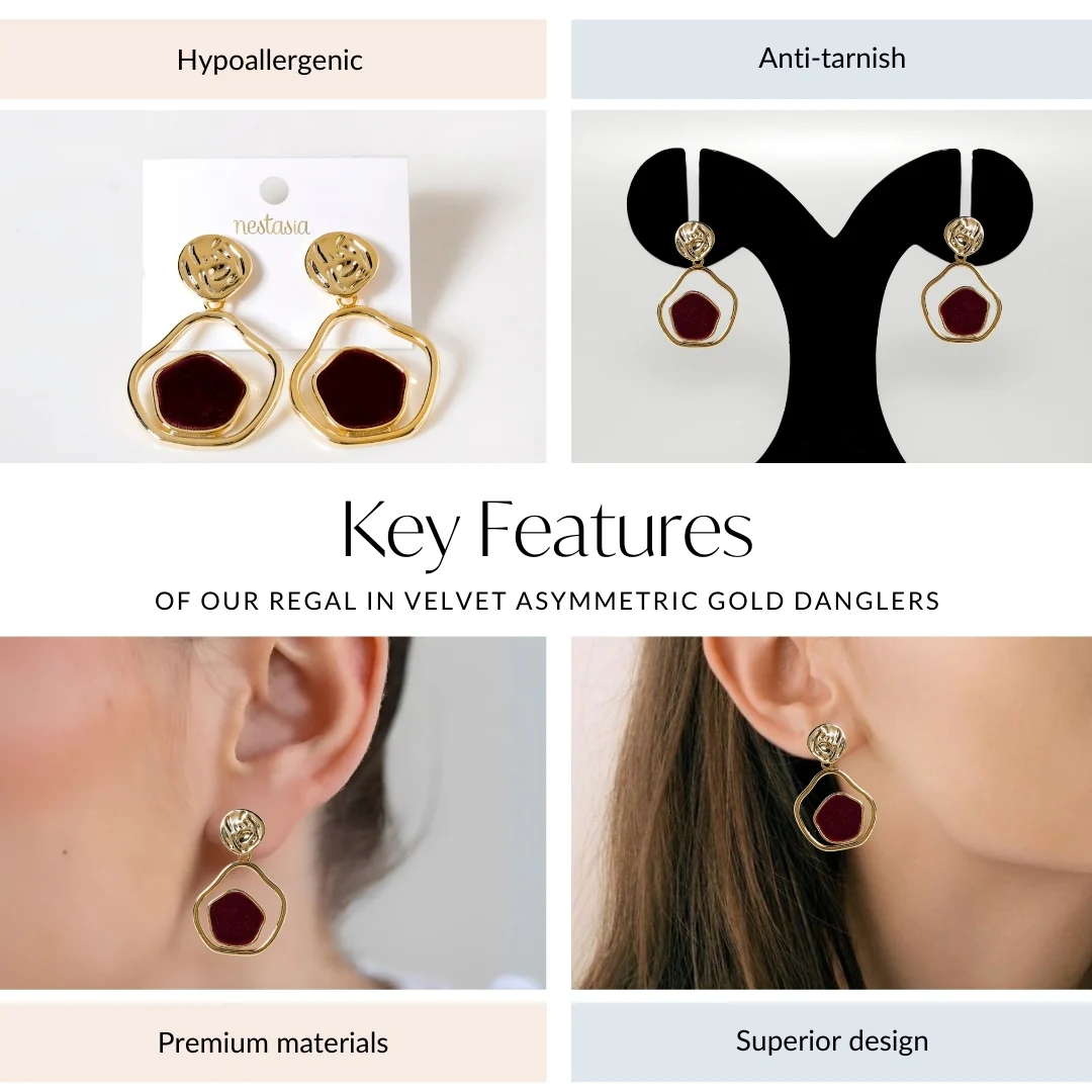 Regal In Velvet Asymmetric Gold Danglers - Image 4