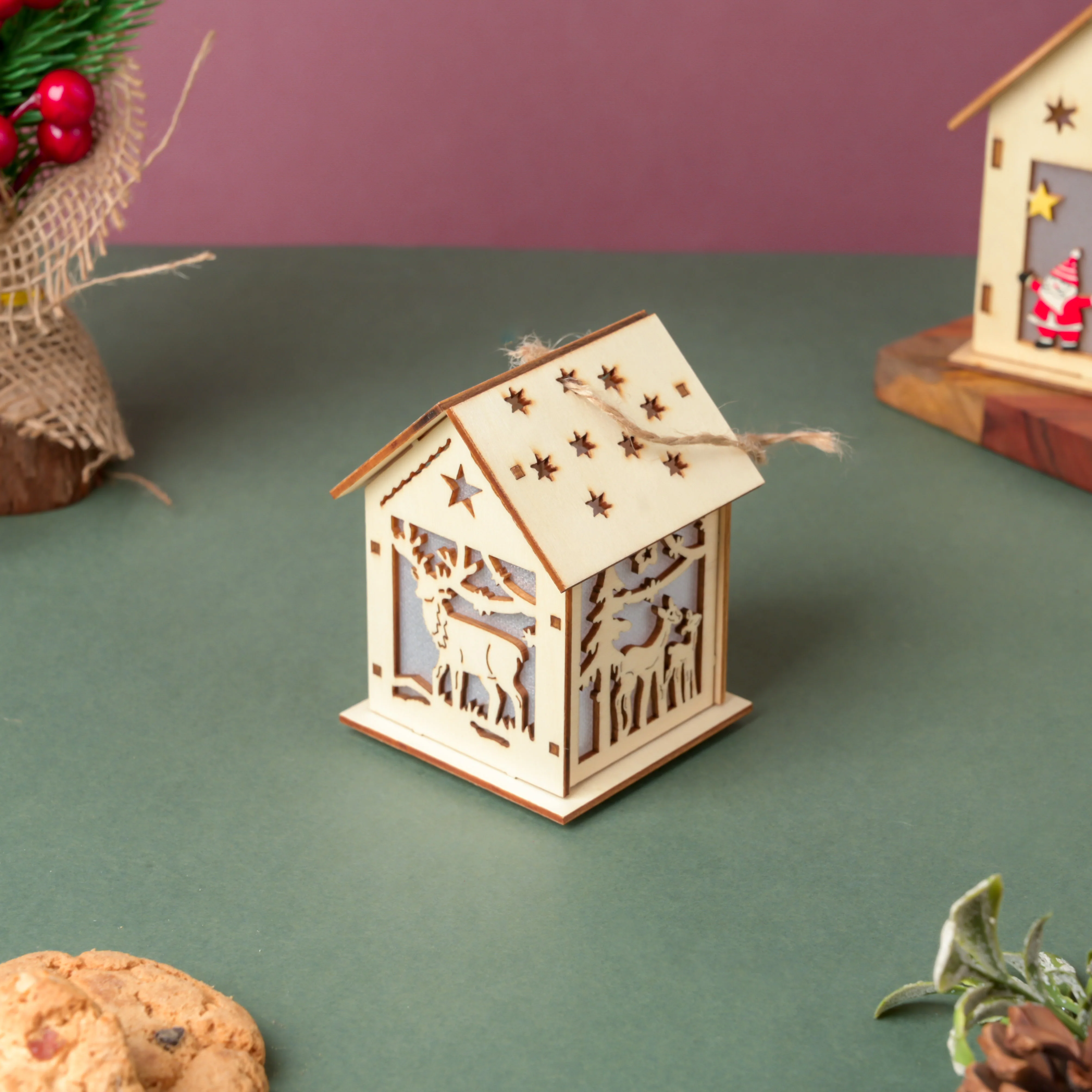 Reindeer Wooden House DIY LED Christmas Decor Hanging