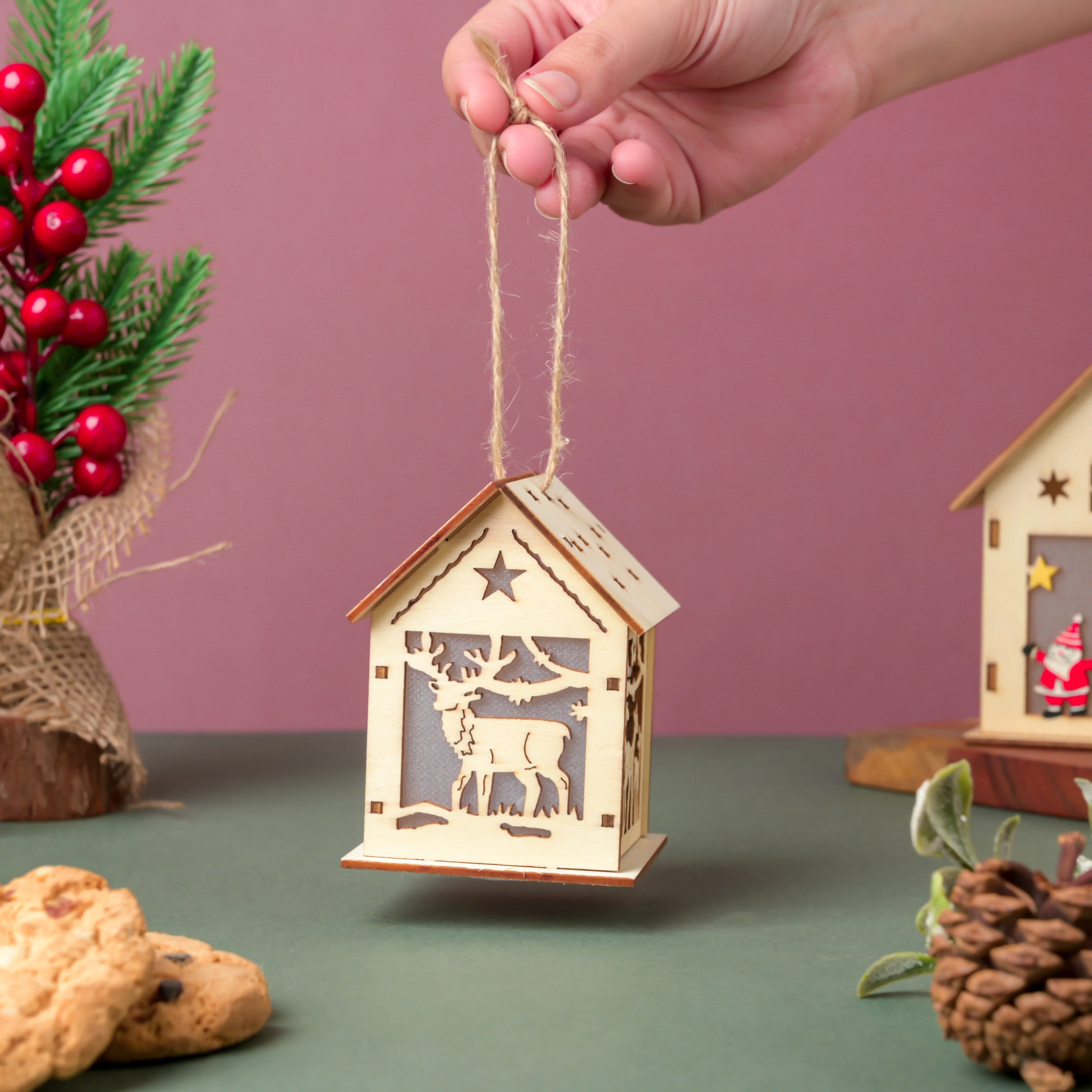 Reindeer Wooden House DIY LED Christmas Decor Hanging - Image 5