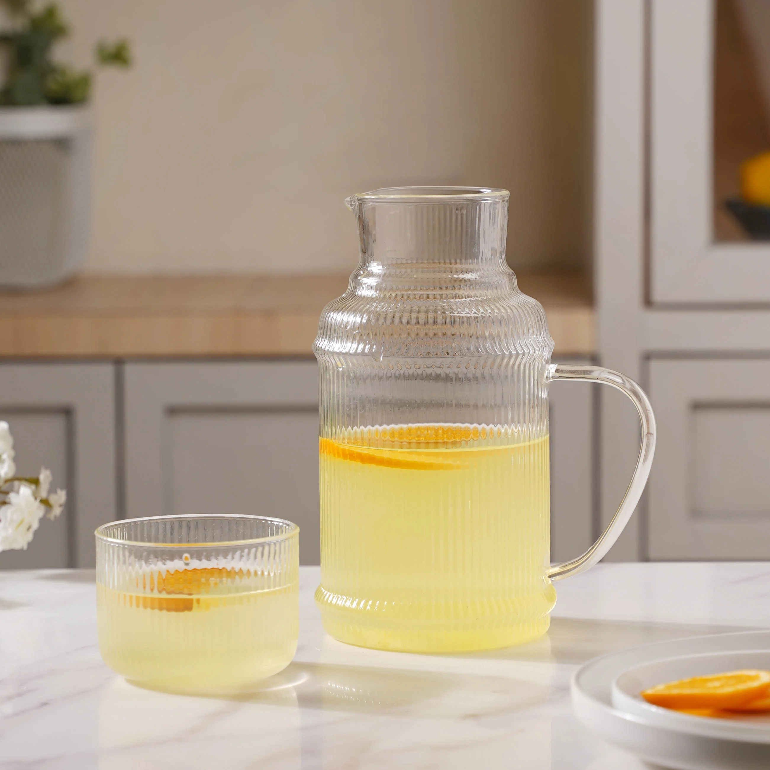 Modern Ribbed Glass Jug and Cup Set - Image 3