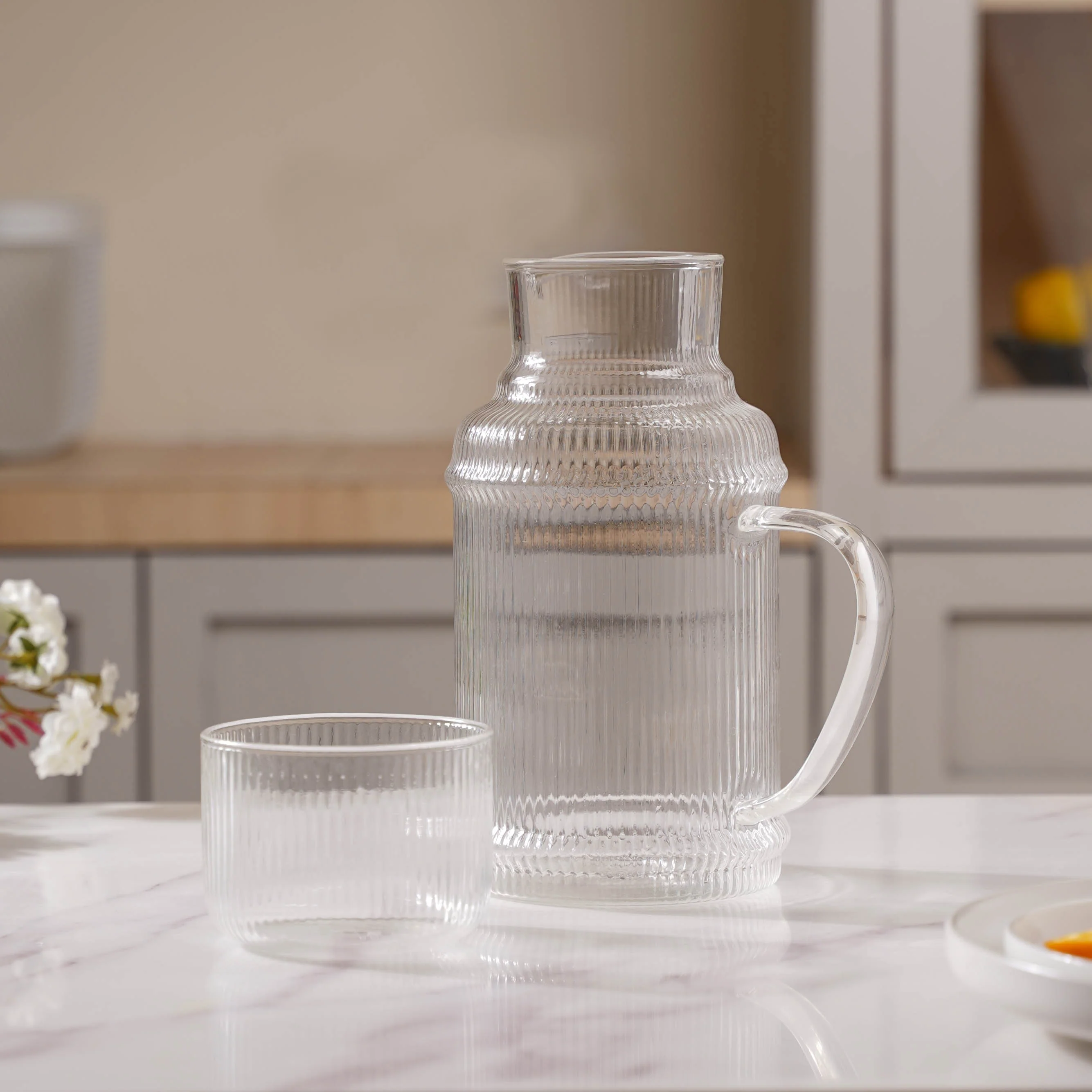 Modern Ribbed Glass Jug and Cup Set - Image 6