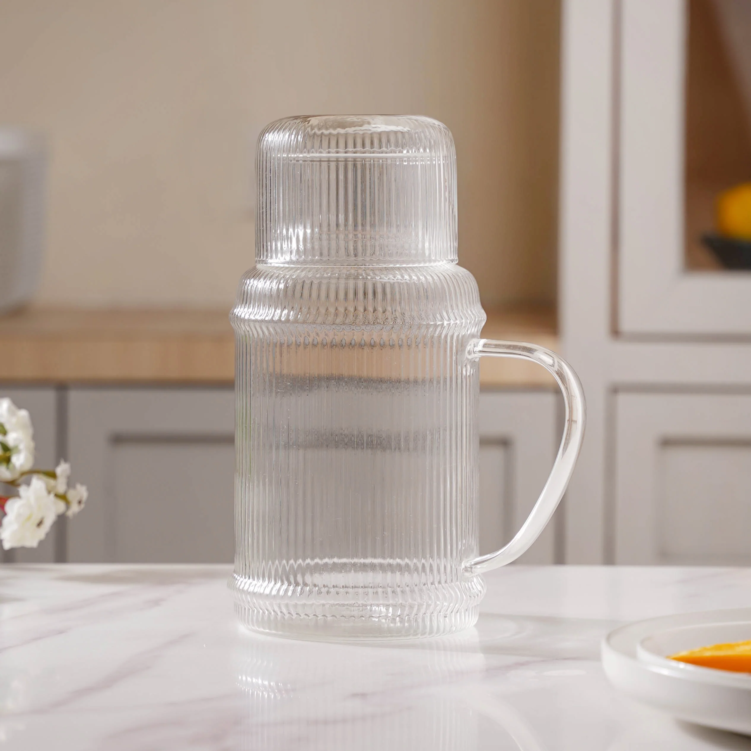 Modern Ribbed Glass Jug and Cup Set - Image 9
