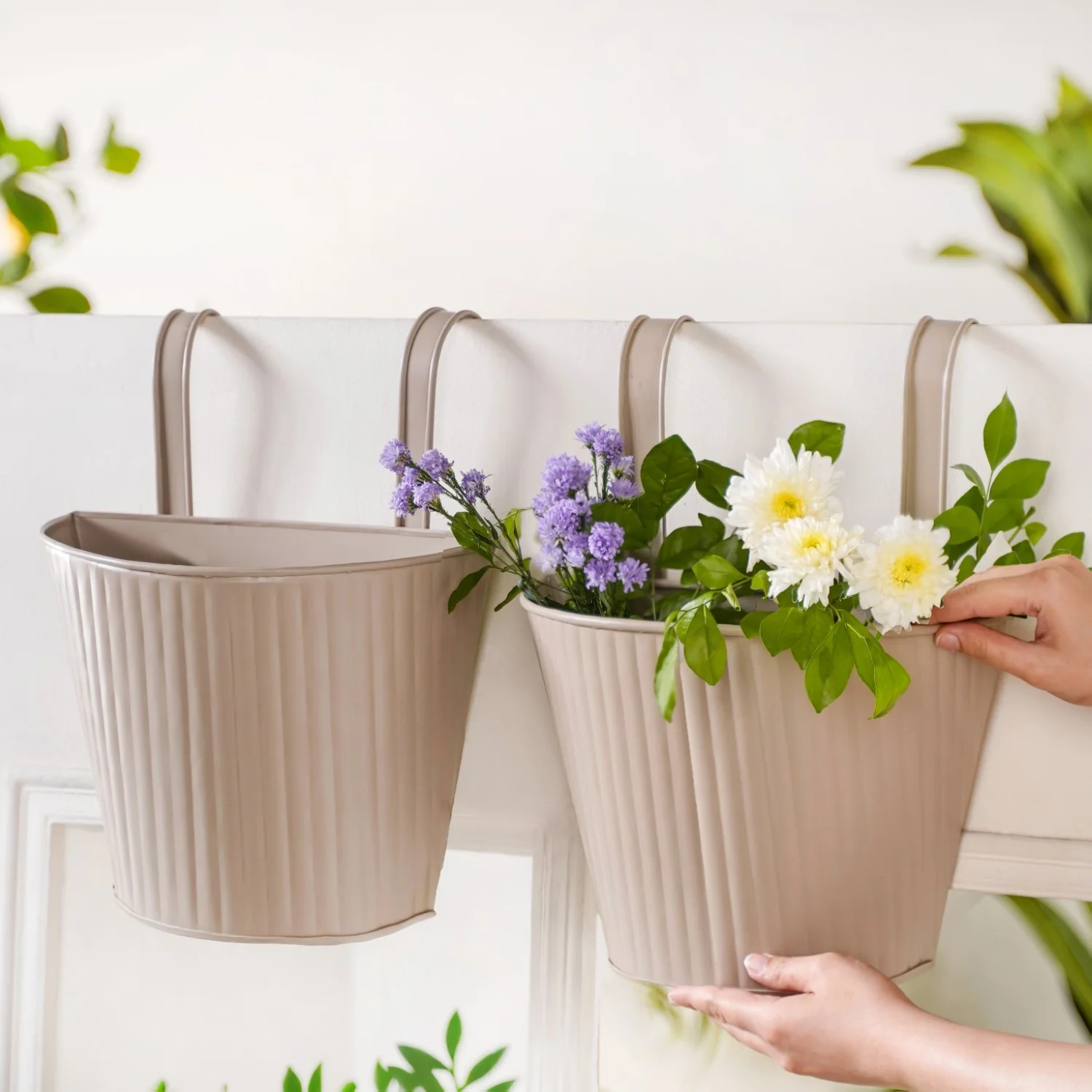 Ribbed Hanging Planter Set Of 2 Taupe - Image 2