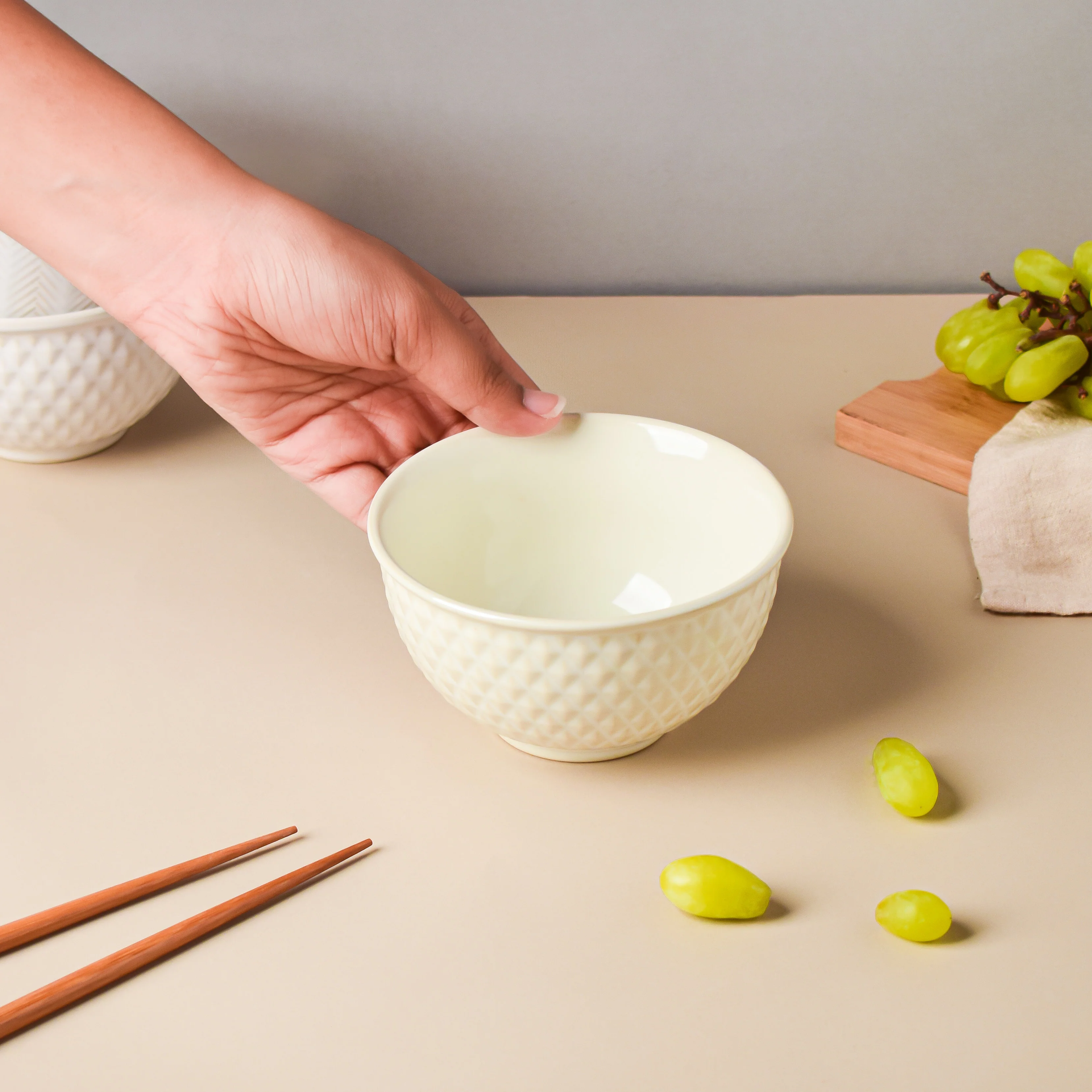 Riona Diamond Ceramic Bowl For Dessert Off White 300 ml - Image 2