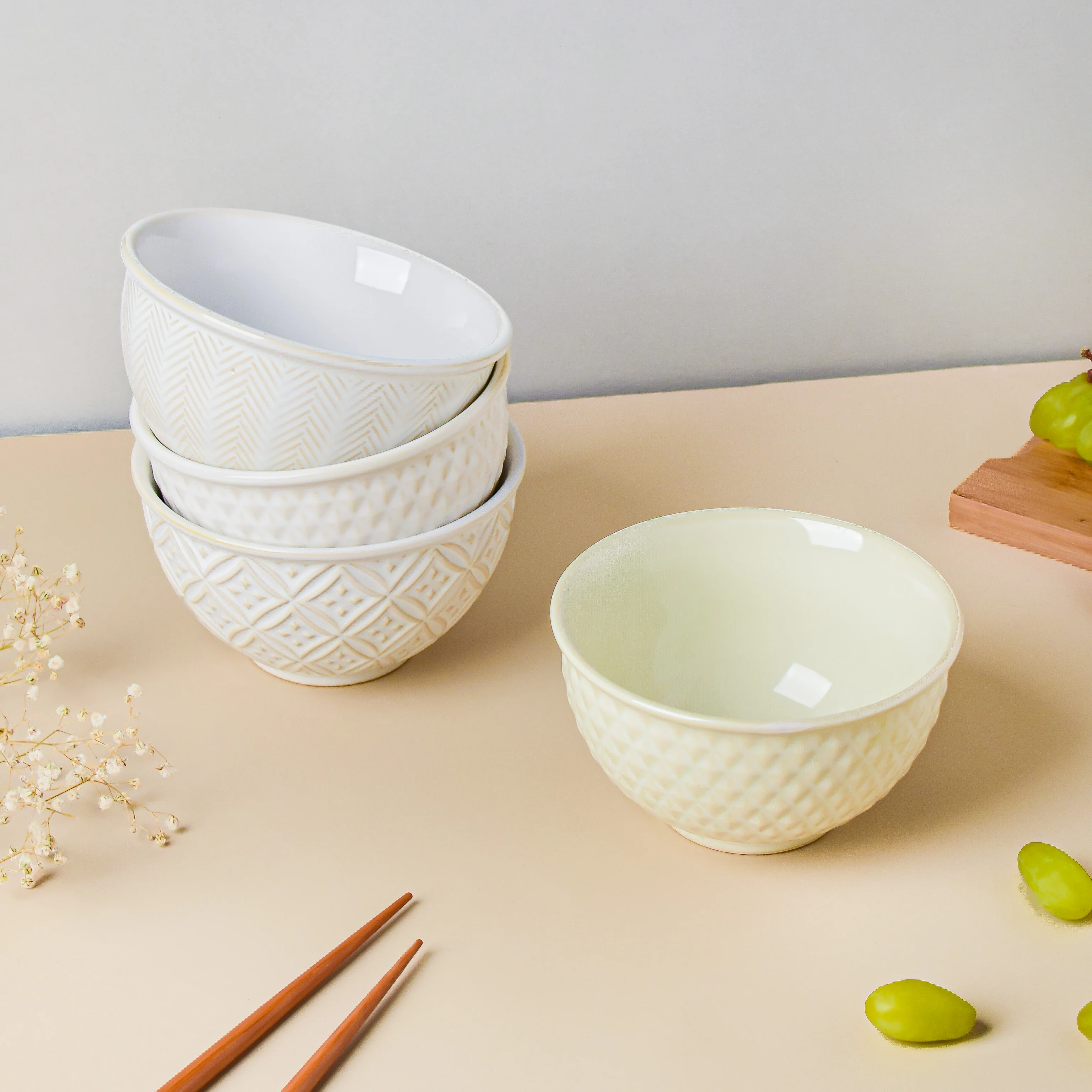 Riona Diamond Ceramic Bowl For Dessert Off White 300 ml - Image 5