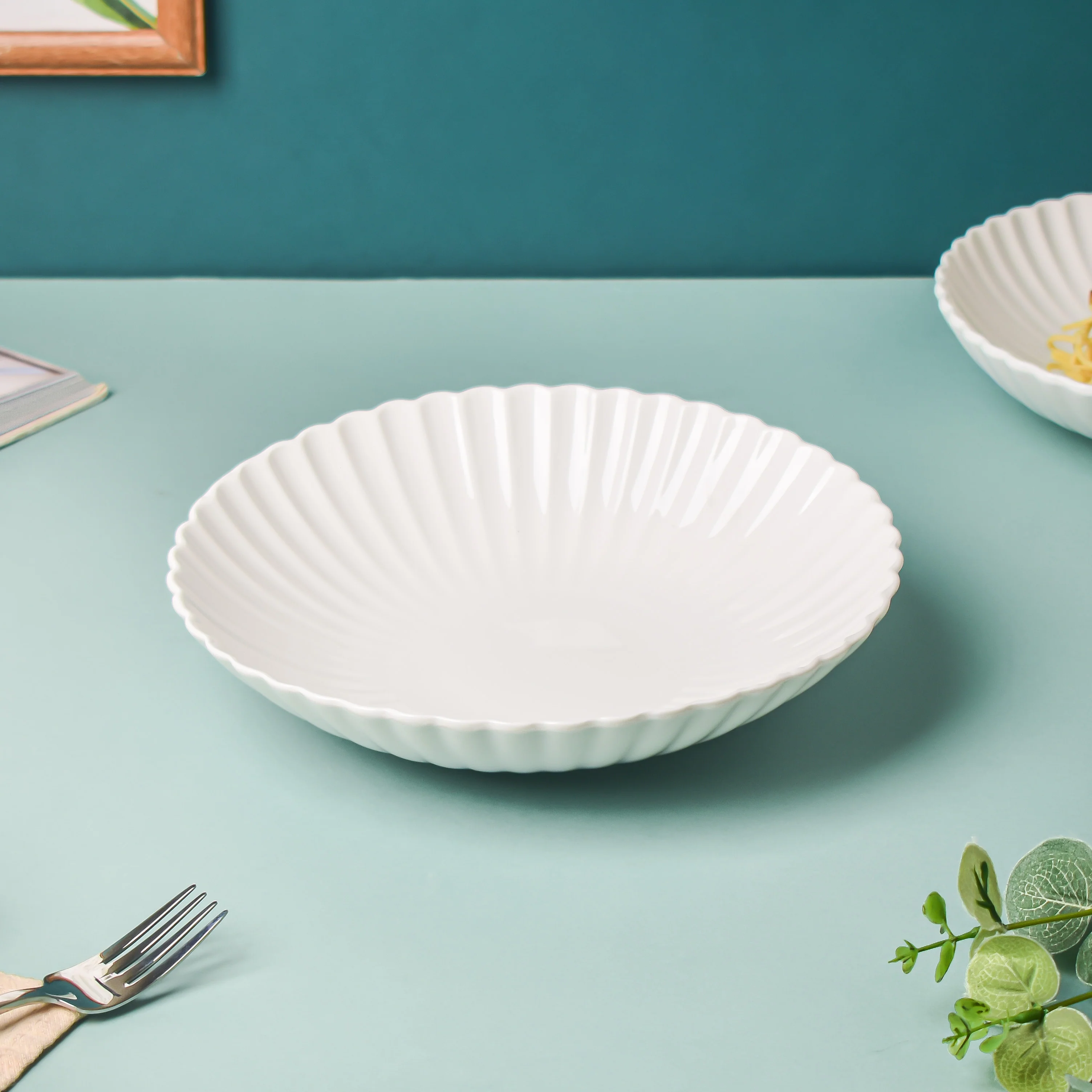 Riona Ribbed Ceramic Pasta Dish White 9 Inch - Image 3