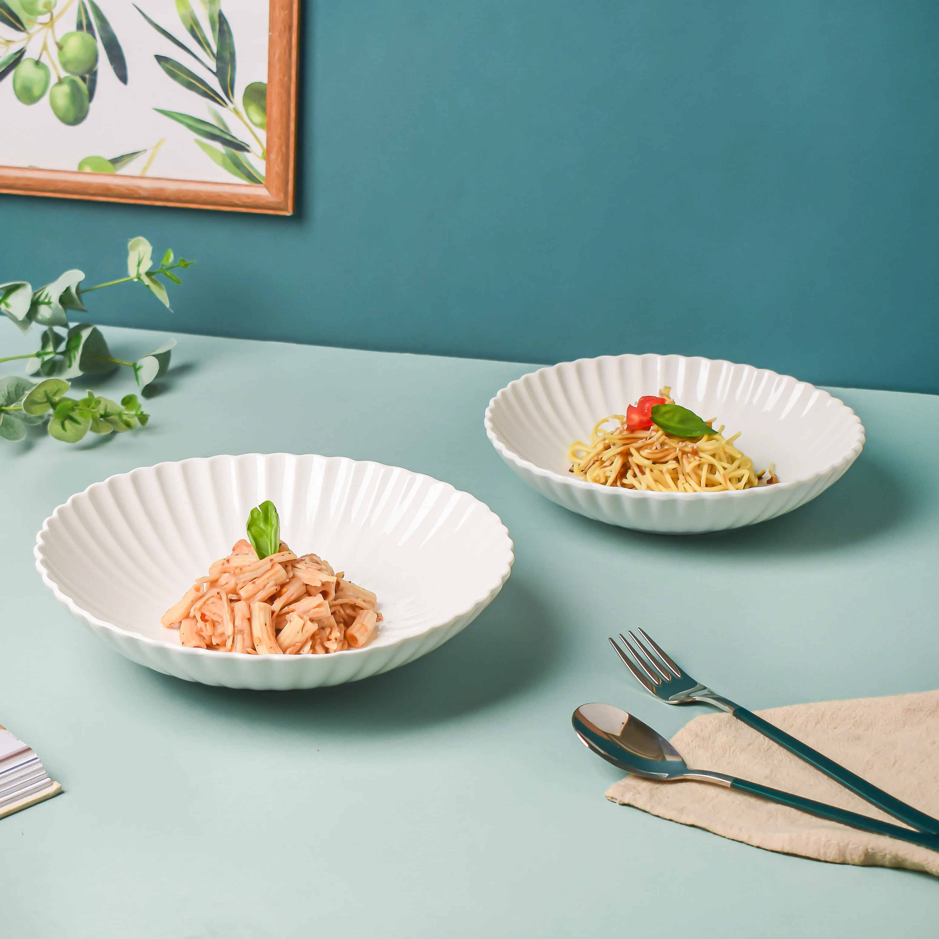 Riona Ribbed Ceramic Pasta Dish White 9 Inch - Image 5