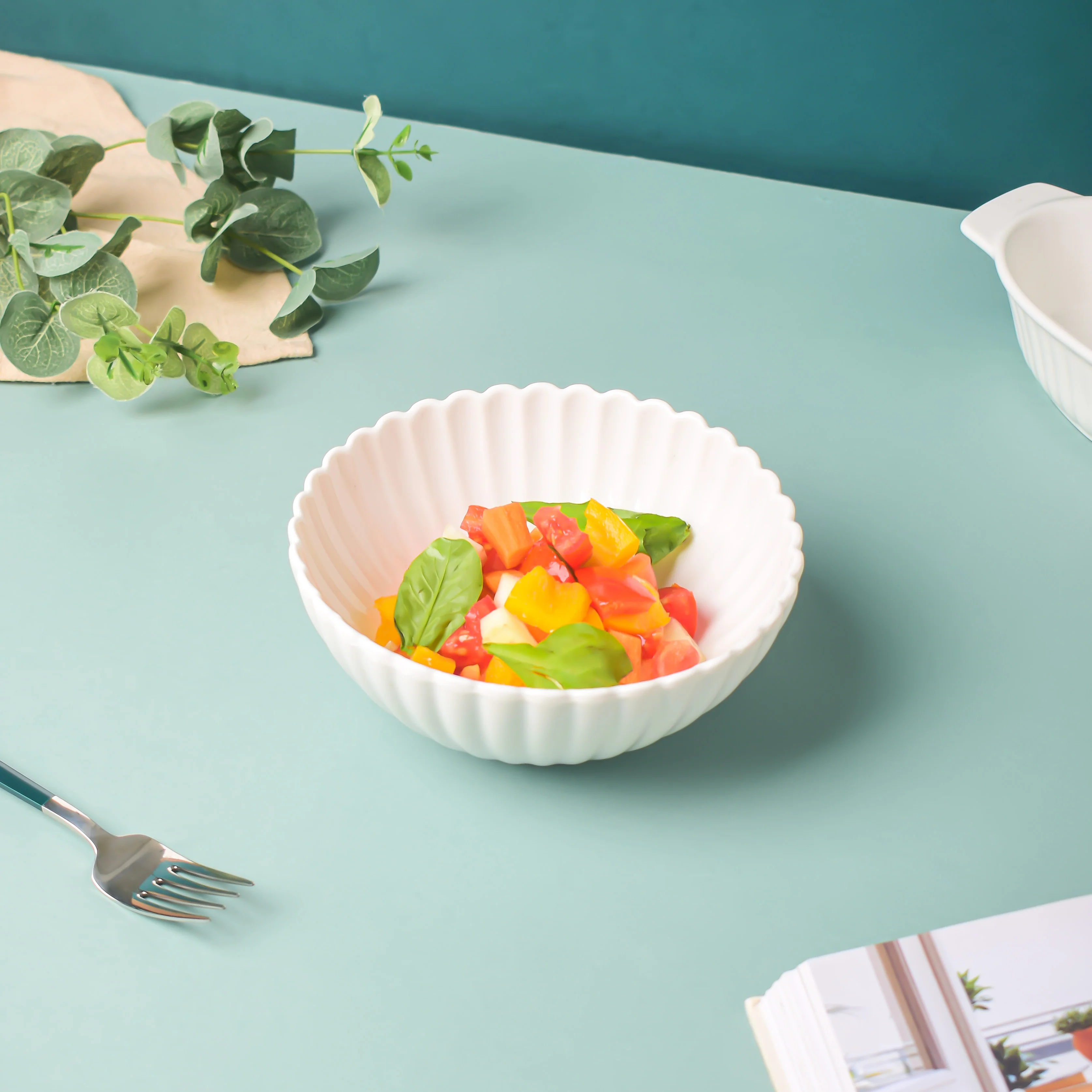 Riona Ribbed Ceramic Salad Bowl White 600ml
