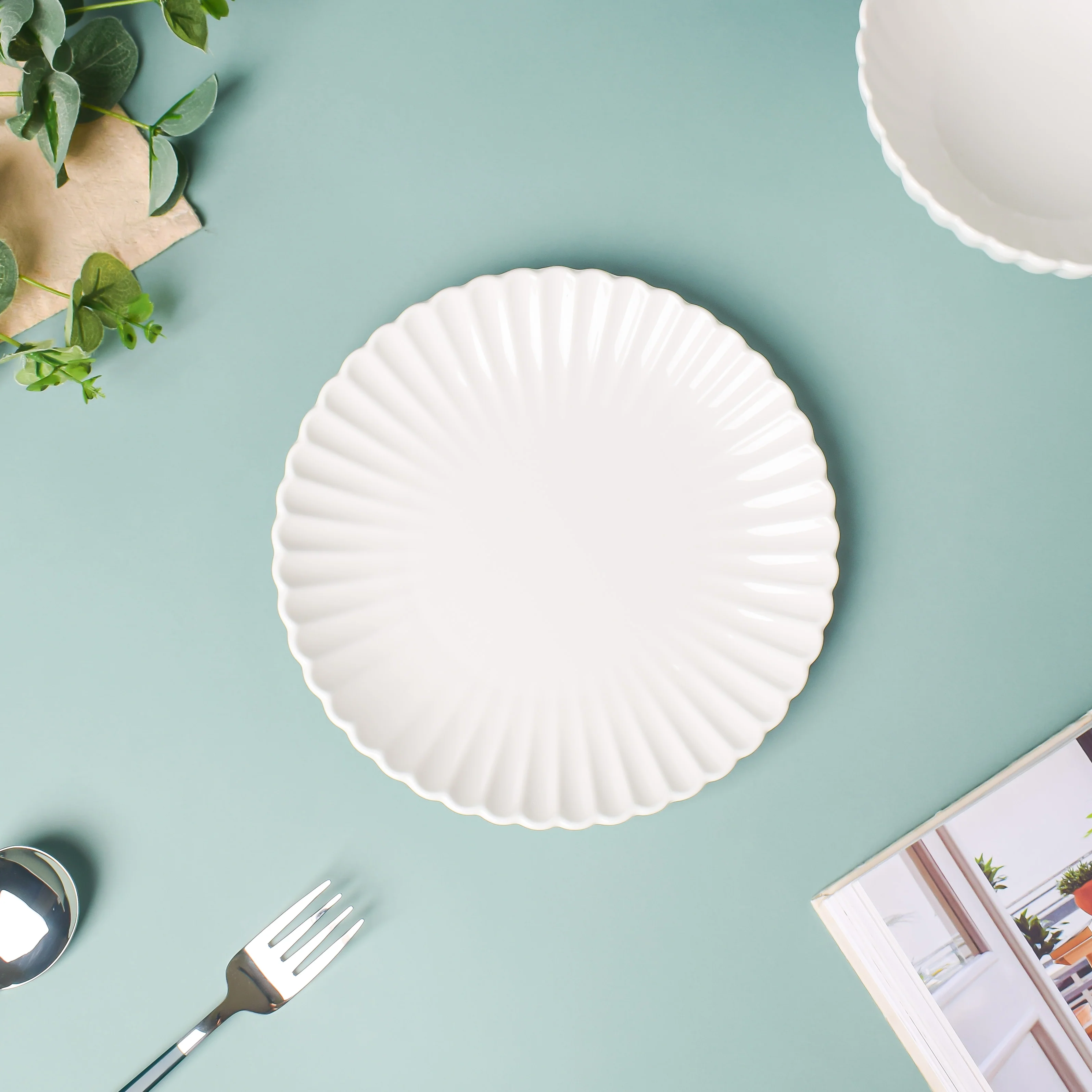 Riona Ribbed Ceramic Snack Plate White 7 Inch - Image 4