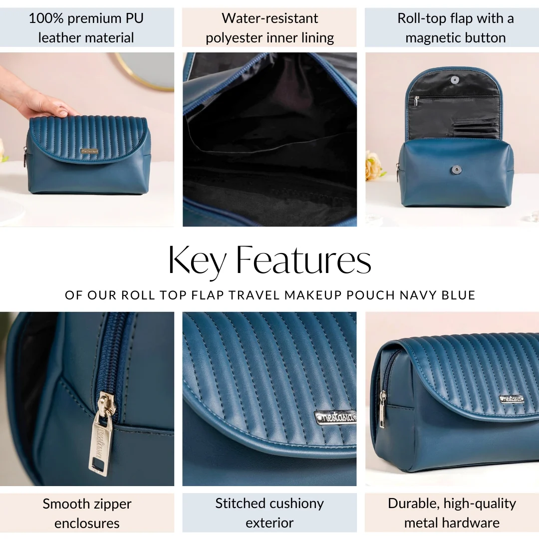 Roll Top Flap Travel Makeup Pouch Navy Blue - Image 5