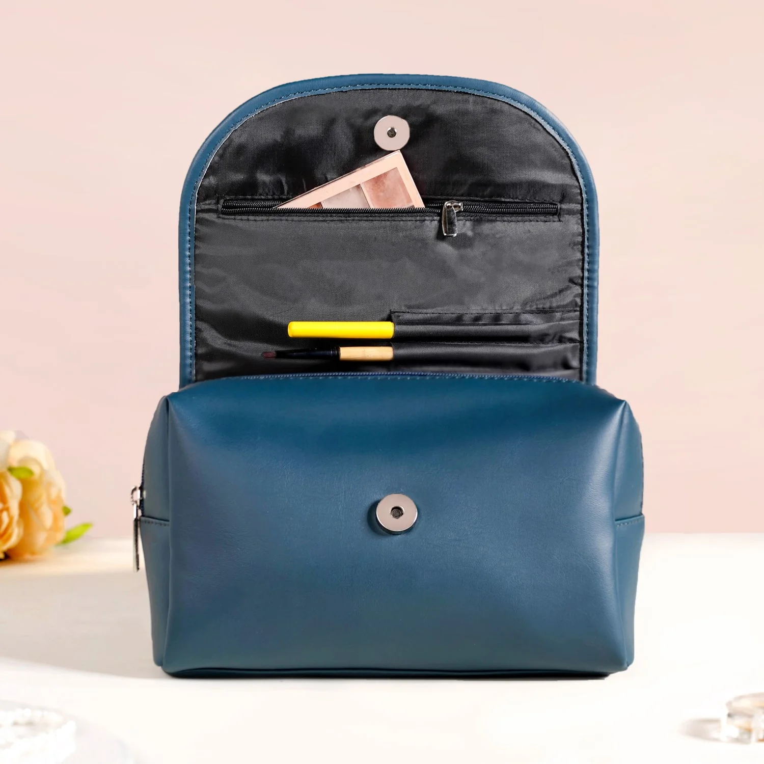 Roll Top Flap Travel Makeup Pouch Navy Blue - Image 8