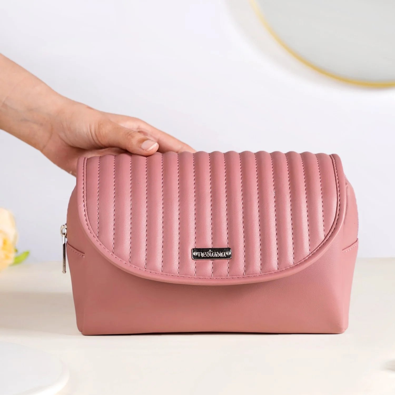 Roll Top Flap Travel Makeup Pouch Pink - Image 2