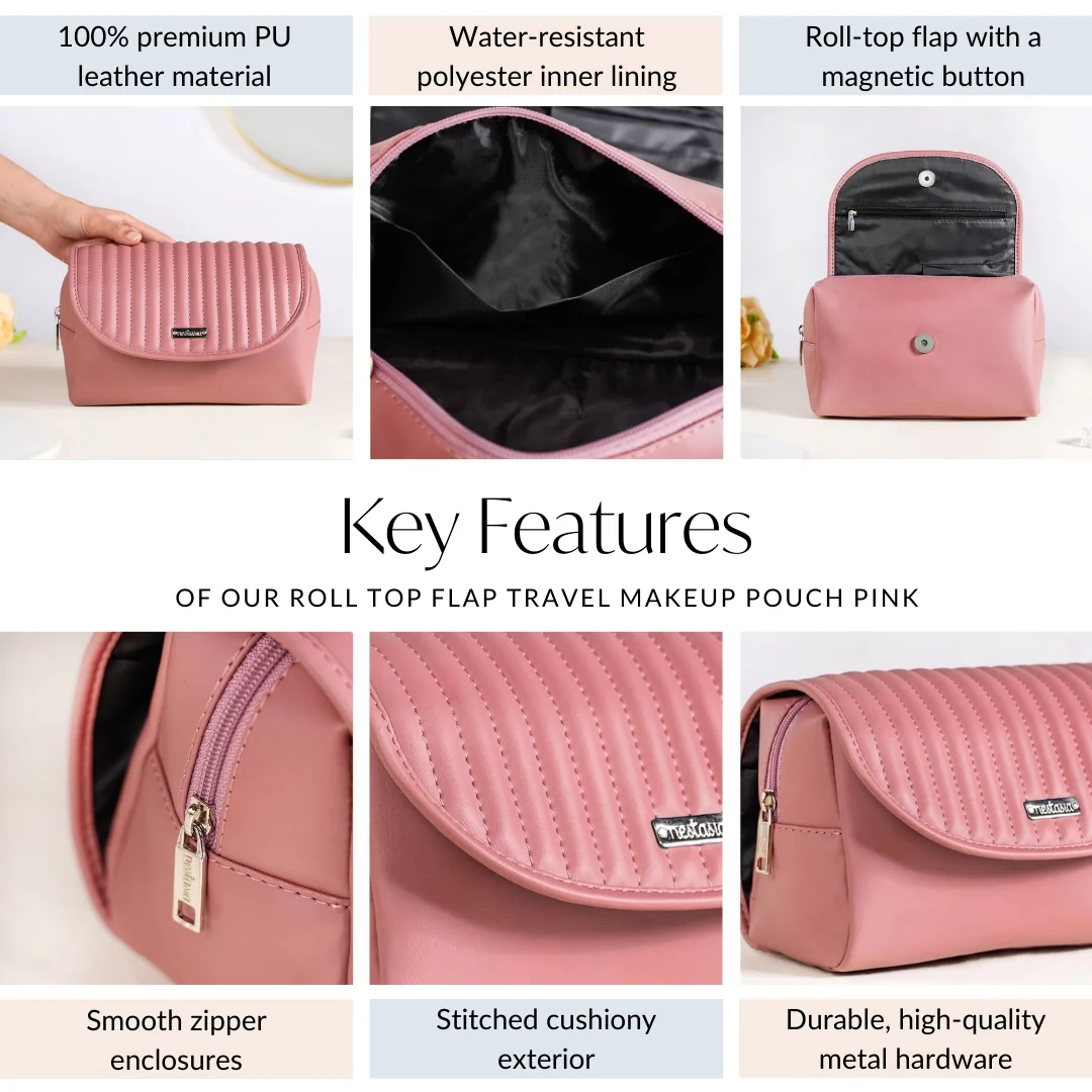 Roll Top Flap Travel Makeup Pouch Pink - Image 5