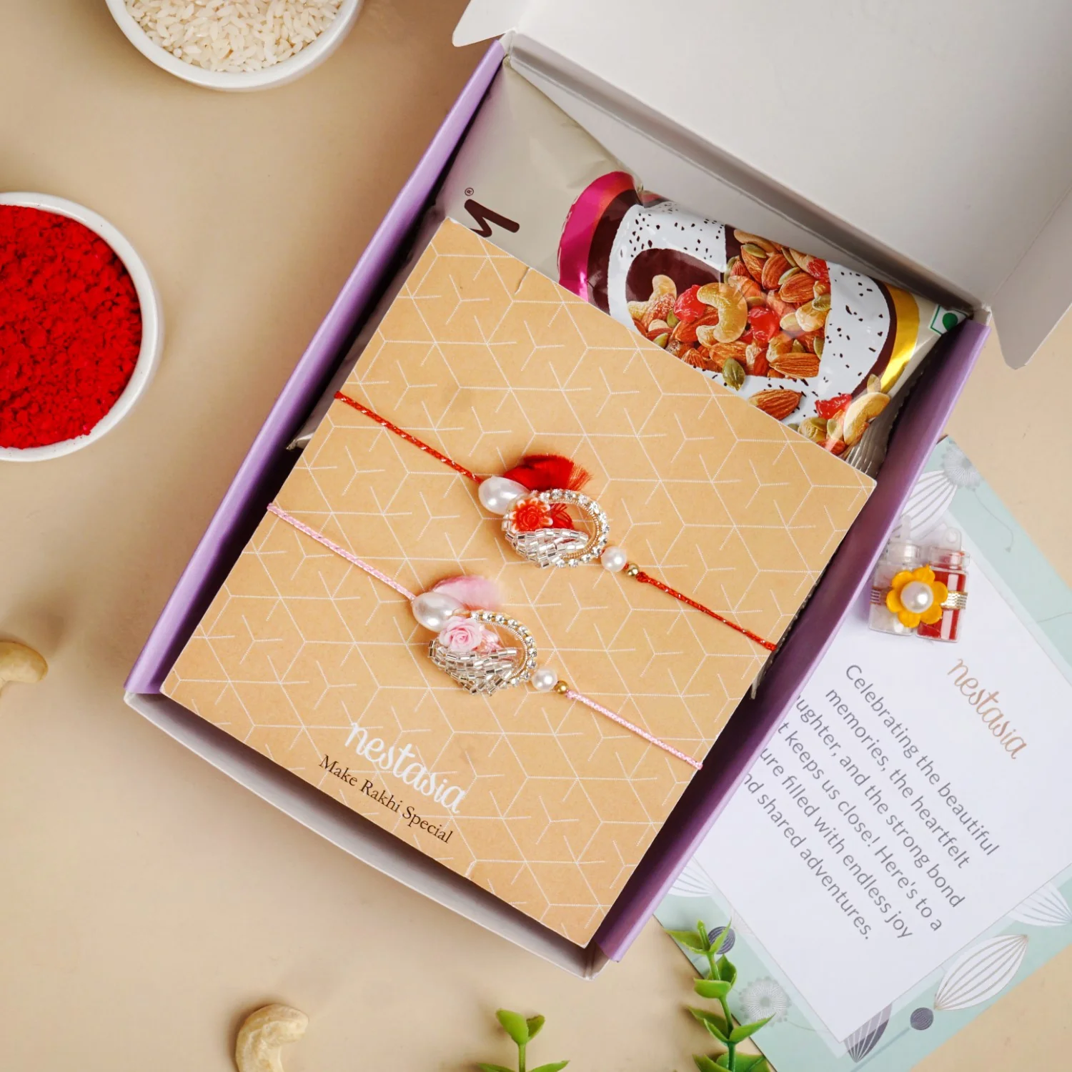 Rose and Pearl Set Of 2 Rakhi Gift Set - Image 5