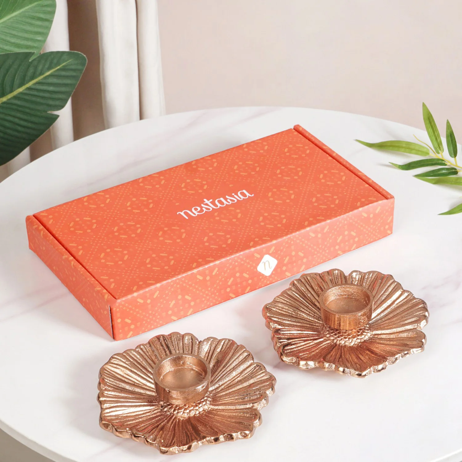 Rose Gold Tealight Candle Holder Set Of 2 In Festive Gift Box - Image 2