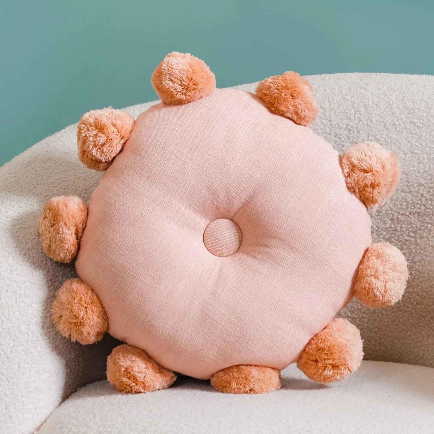 Round Cushion With Pom Poms Peach 17 Inch - Image 6