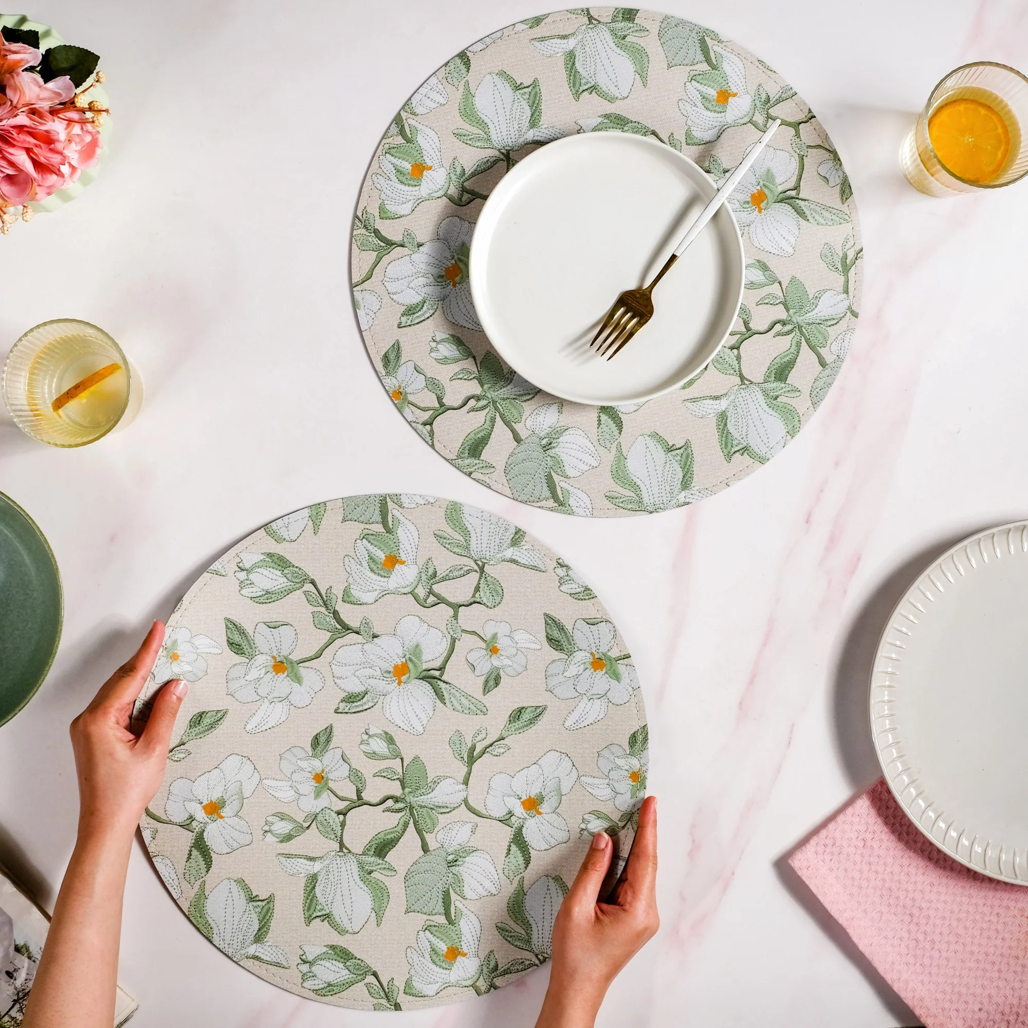 Round Green Poppy Printed Placemats Set Of 6 - Image 2