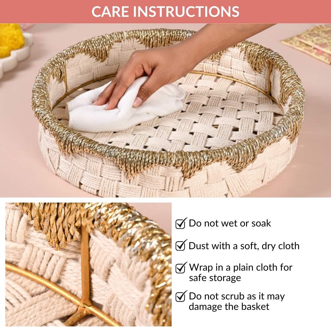 Round Handwoven Tray Basket Gold White - Image 10