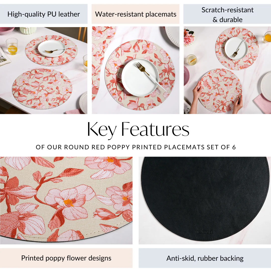 Round Red Poppy Printed Placemats Set Of 6 - Image 5