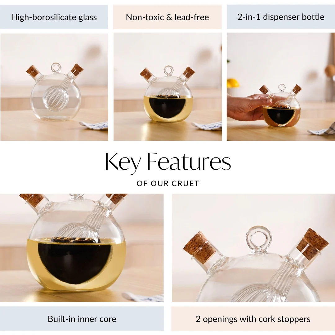 Round Reeded 2 in 1 Glass Oil Vinegar Dispenser Bottle - Image 4