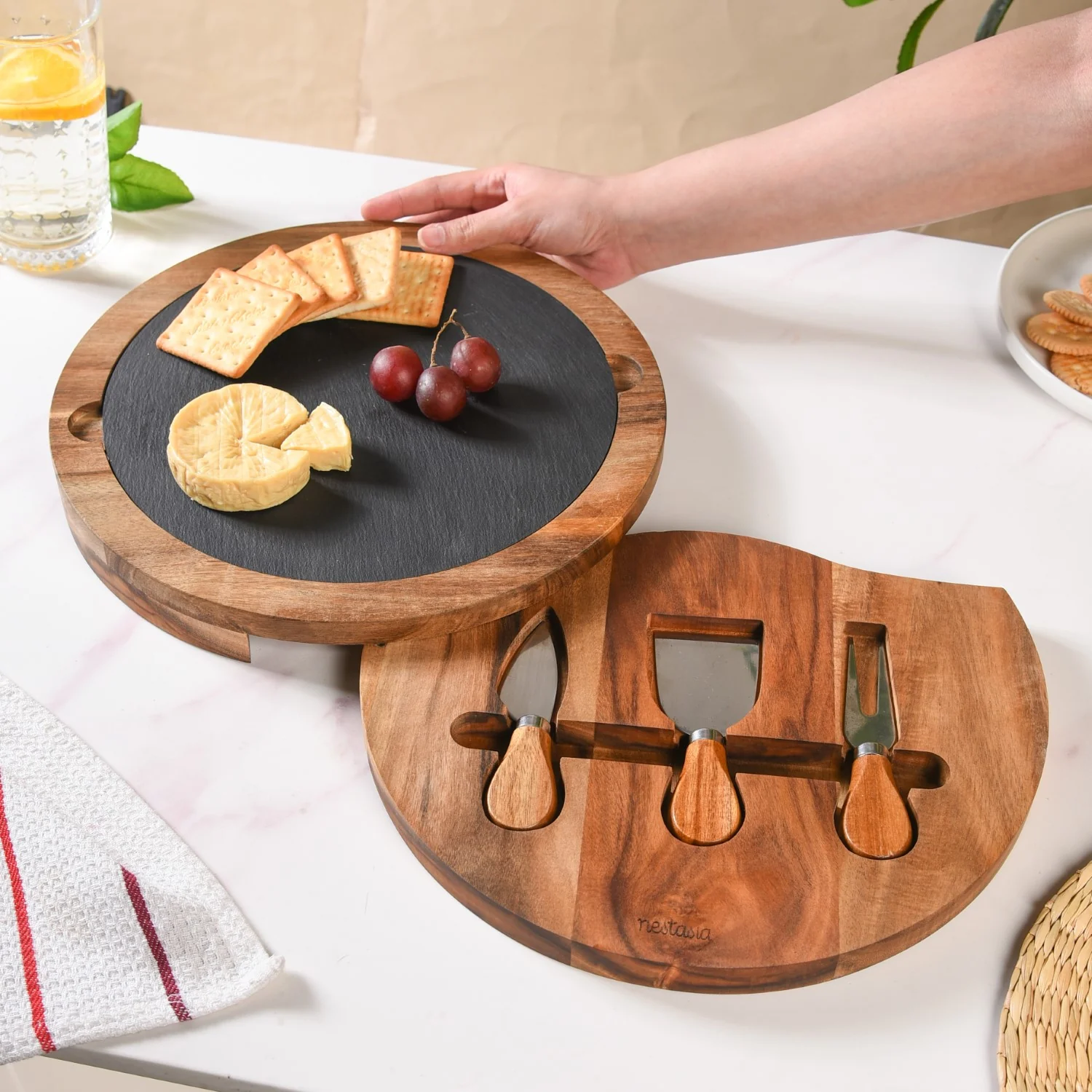 Round Wooden Charcuterie Board With Cheese Knives - Image 10